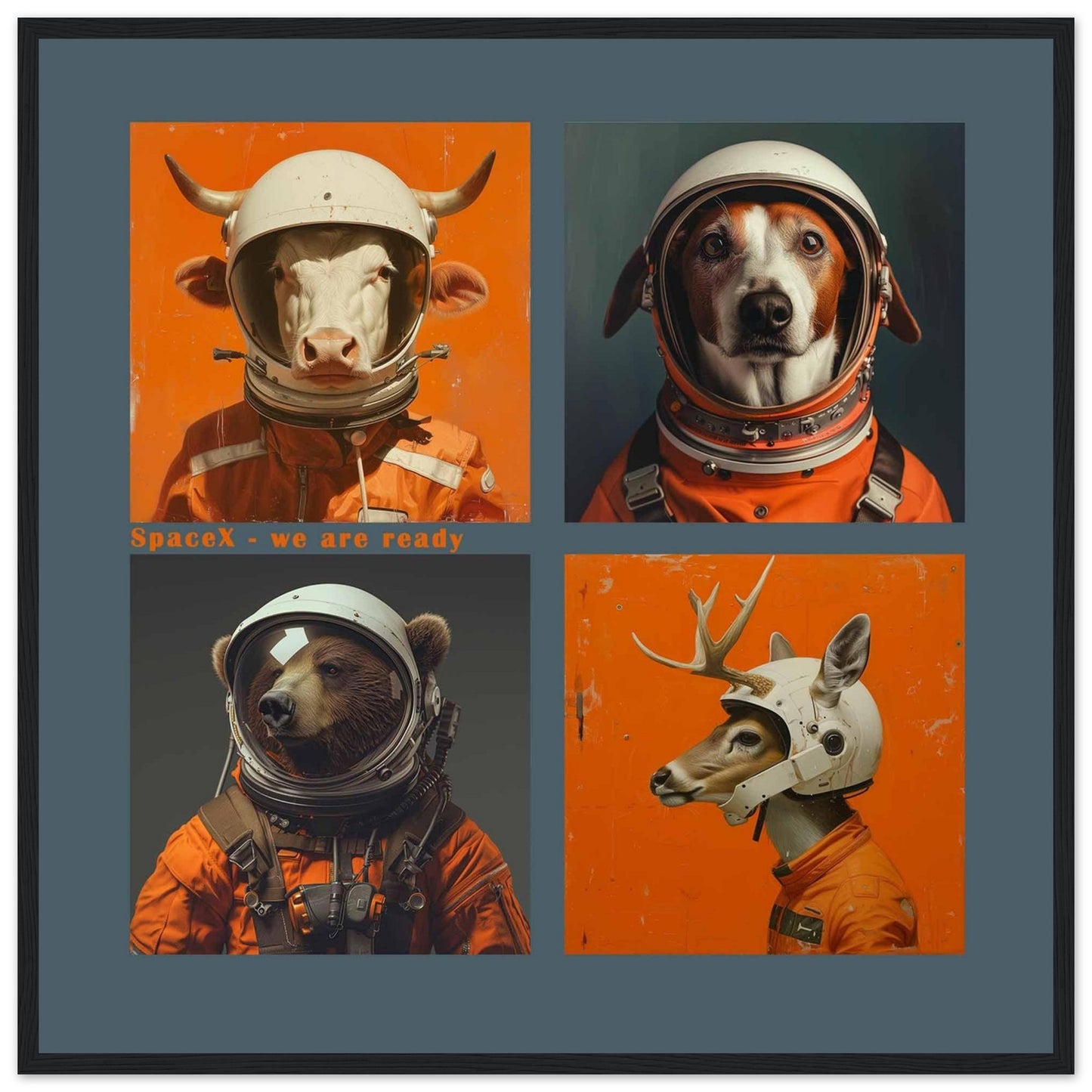 This whimsical artwork features four animals dressed as astronauts, ready for a space adventure. The animals include a cow, a dog, a bear, and a deer, each wearing an orange space suit and helmet. The text "SpaceX - we are ready" adds a playful touch to the image.