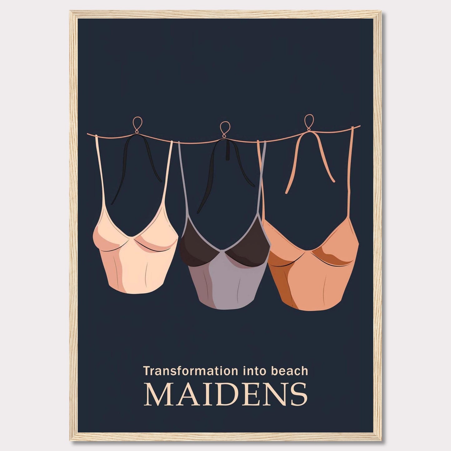 This image features a stylish and minimalistic poster with three bikinis hanging on a line against a dark background. The text at the bottom reads "Transformation into beach MAIDENS."