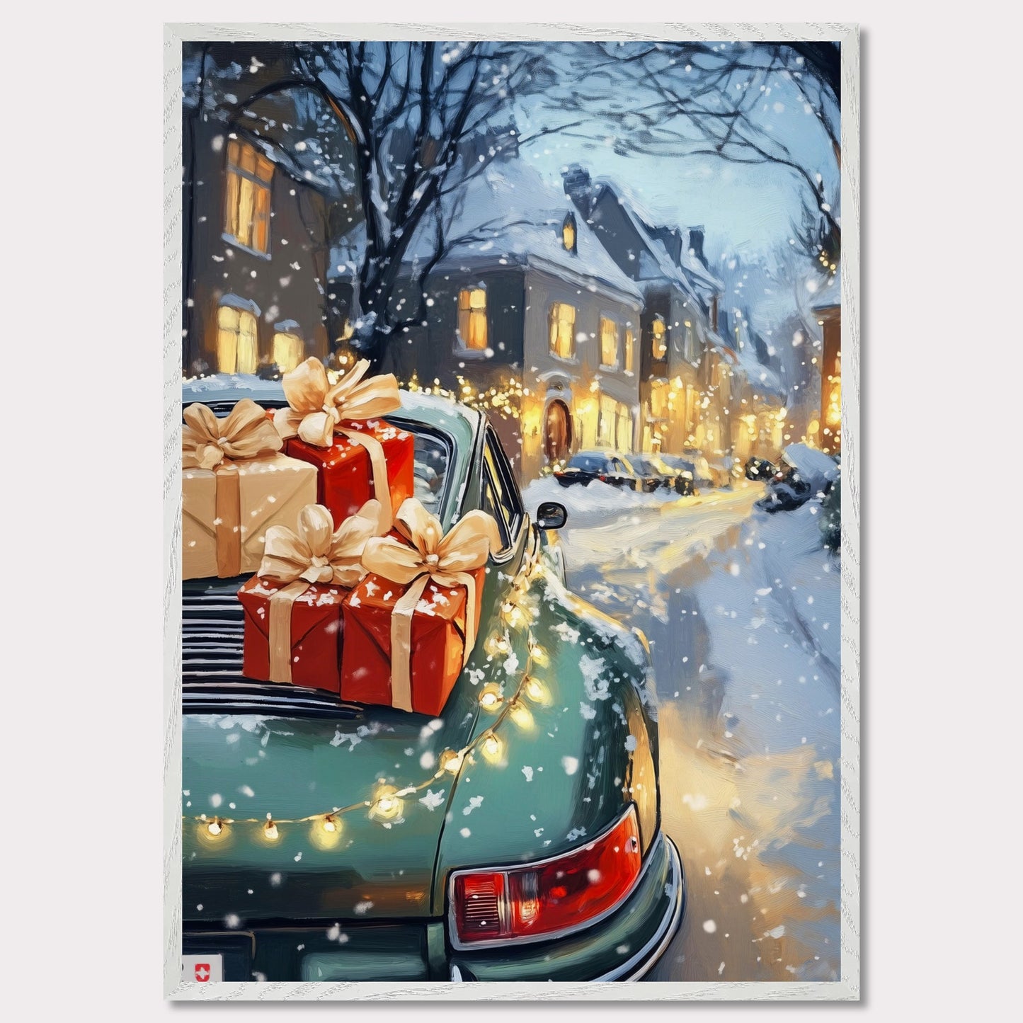 A cozy Christmas scene in Switzerland is captured in this enchanting poster. The focus is a beautiful Christmas tree adorned with lights, set in the heart of a charming town covered in snow. A Porsche, with festive gifts on the roof, adds a touch of luxury to this idyllic winter setting. The vintage typography "Christmas in Switzerland" evokes a sense of nostalgia and warmth, making it the perfect holiday decoration.