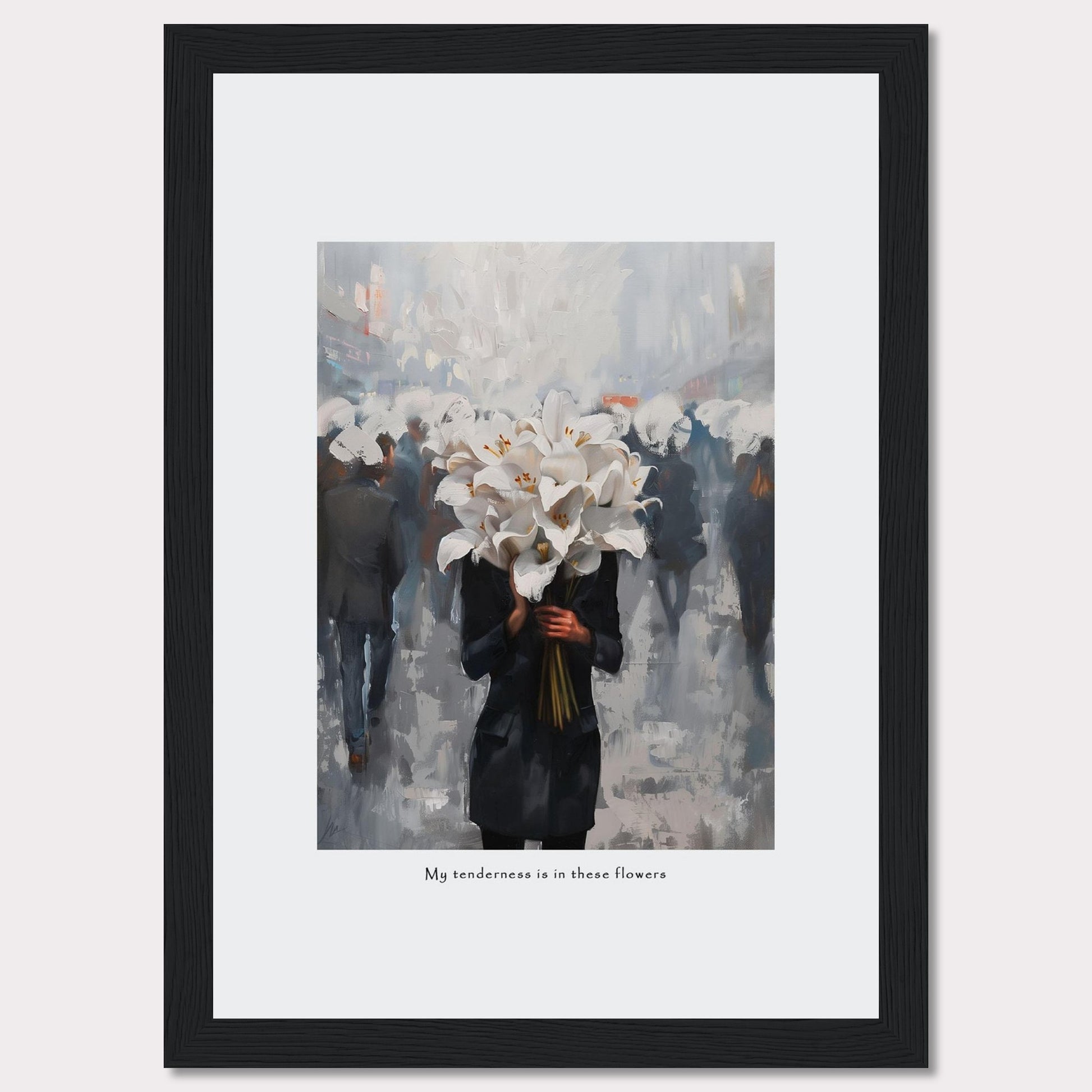 This artwork features a person holding a large bouquet of white lilies in a bustling, blurred cityscape. The image conveys a sense of serenity amidst the chaos. Below the image, the text reads, "My tenderness is in these flowers."