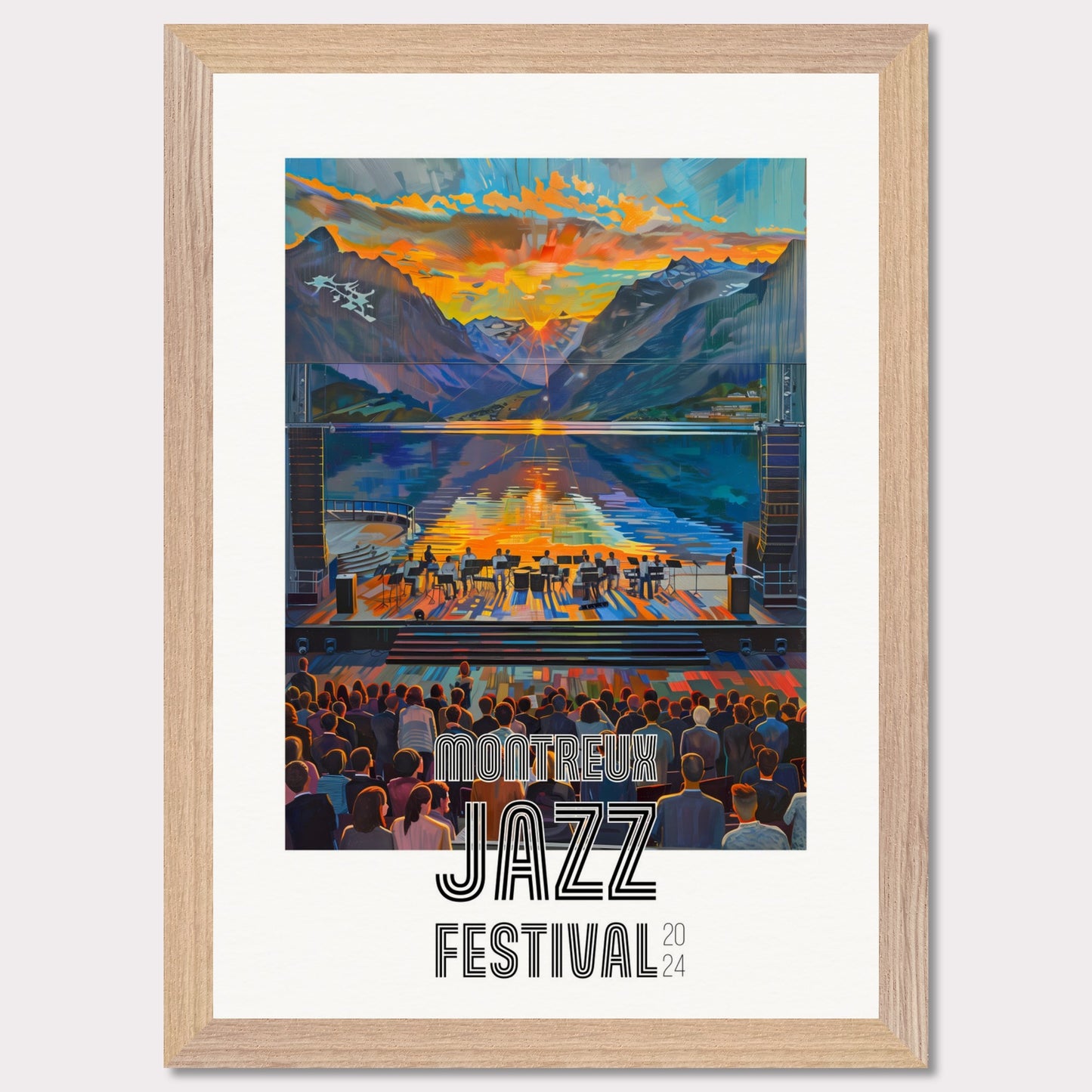 This vibrant poster showcases the Montreux Jazz Festival 2024. The image captures a stunning sunset over a serene lake surrounded by mountains, with a jazz band performing on an outdoor stage. The audience is depicted enjoying the music, creating a lively and engaging atmosphere.