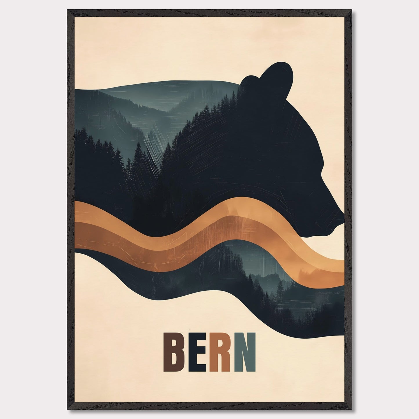 This elegant poster captures the harmony between nature and Bern’s cultural heritage. The silhouette of a bear, the city’s symbol, seamlessly blends with dense forests and flowing lines, creating a sense of tranquility and connection with the surroundings. The minimalist style and warm color palette give the artwork a modern aesthetic.