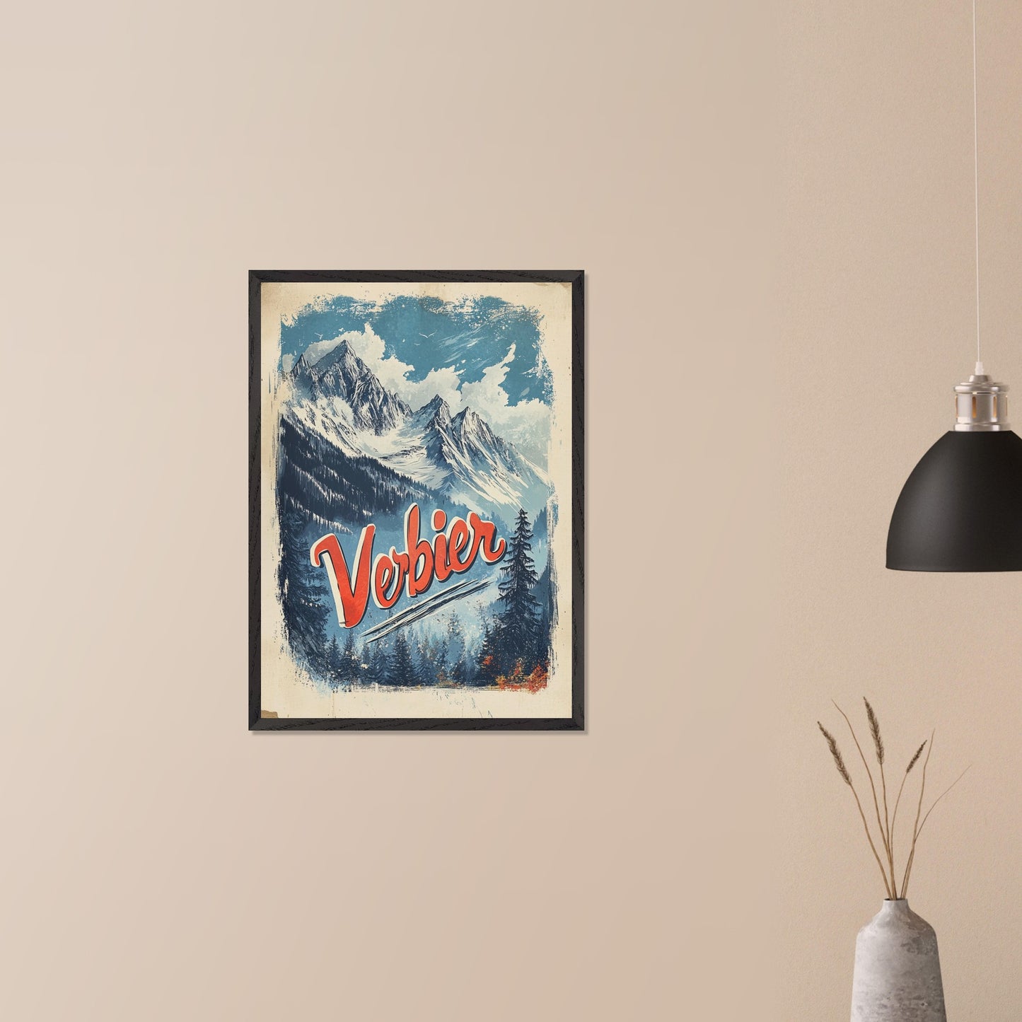 This striking vintage poster captures the breathtaking beauty of Verbier’s mountain peaks. With a bold orange and blue color palette, the image of towering snowy peaks framed by evergreen trees invites adventure and awe. The vintage typography emphasizes Verbier’s allure as a destination for both exploration and relaxation, making this an ideal representation of the Swiss Alps' majestic landscapes.