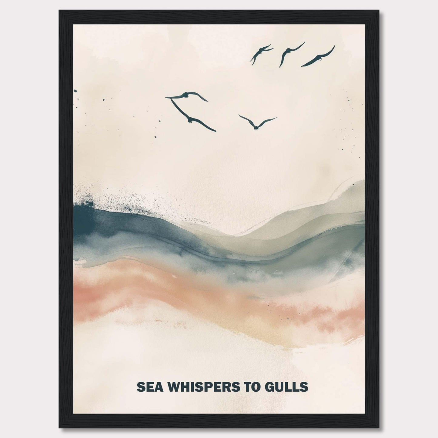 This serene artwork features a minimalist design with gentle waves and flying gulls. The soothing colors create a tranquil atmosphere, perfect for any space needing a touch of calm. The text "SEA WHISPERS TO GULLS" adds a poetic element to the piece.