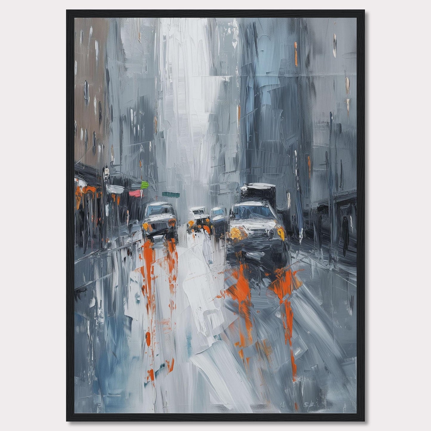 This captivating painting portrays a rainy city street with cars and buildings enveloped in a misty atmosphere. The artist uses bold brushstrokes and a muted color palette with pops of orange to depict the bustling urban scene.