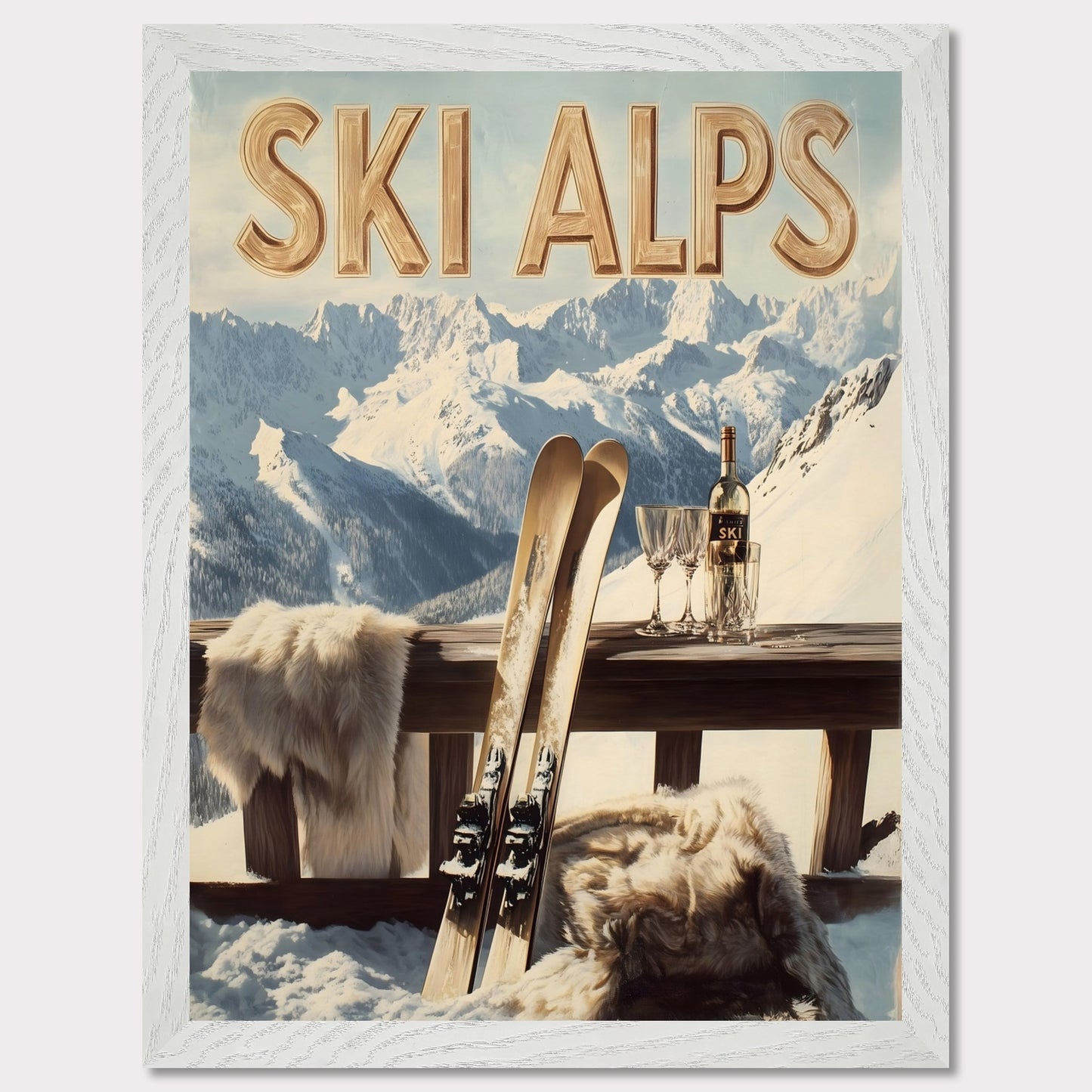 This captivating poster invites you to a serene alpine retreat, where snowy peaks stretch into the horizon. A pair of classic wooden skis leans against a rustic balcony railing, adorned with soft fur for added warmth. A bottle of fine wine and elegant glasses sit atop the table, perfectly complementing the breathtaking mountain backdrop.