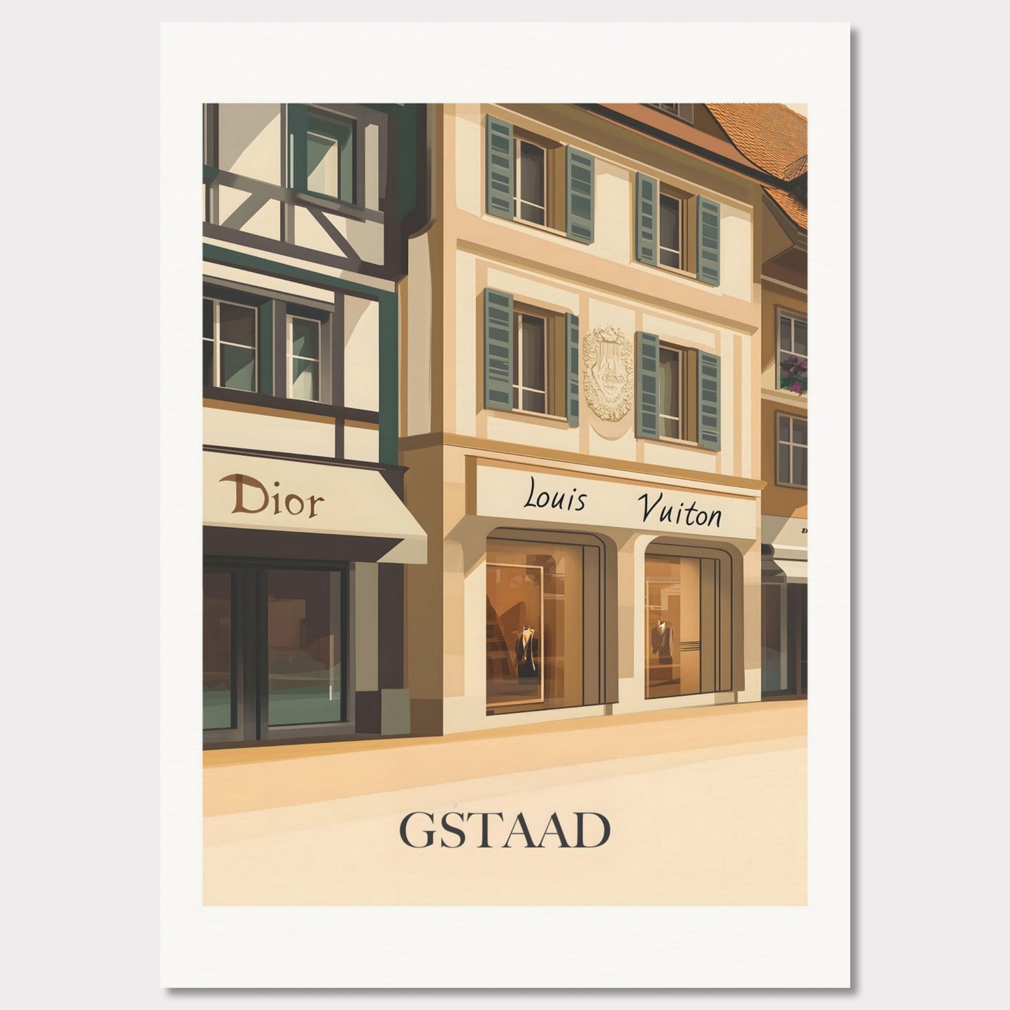 A beautifully illustrated poster showcasing Gstaad’s world-class shopping scene. The charming facades of Dior and Louis Vuitton boutiques reflect the town’s upscale ambiance.