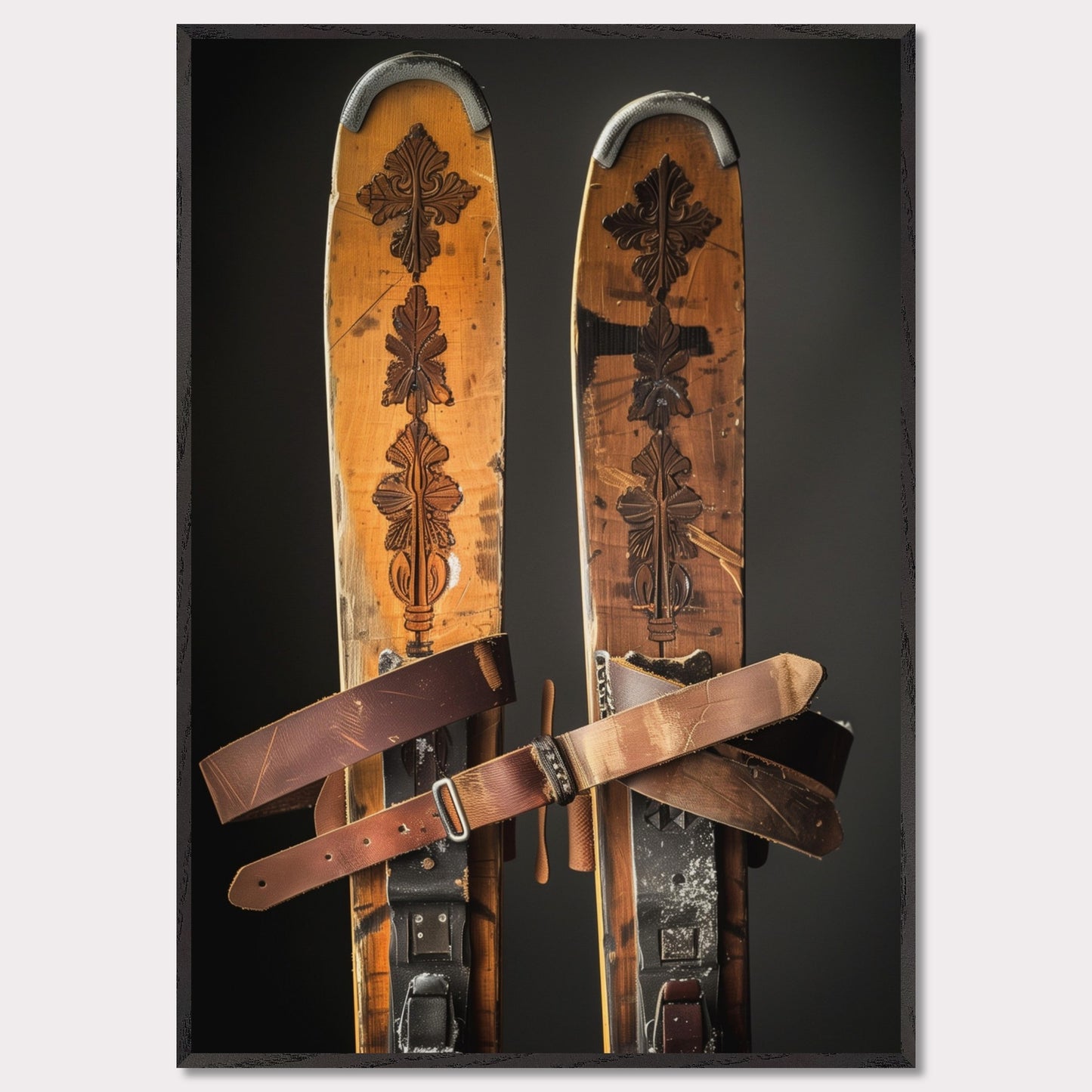 Immerse yourself in the nostalgia of winter sports with this captivating image of vintage wooden skis. These beautifully crafted skis feature intricate carvings and sturdy leather bindings, showcasing the elegance and durability of traditional ski equipment. The worn texture tells a story of countless adventures on snowy slopes. Perfect for ski enthusiasts and lovers of vintage decor alike.