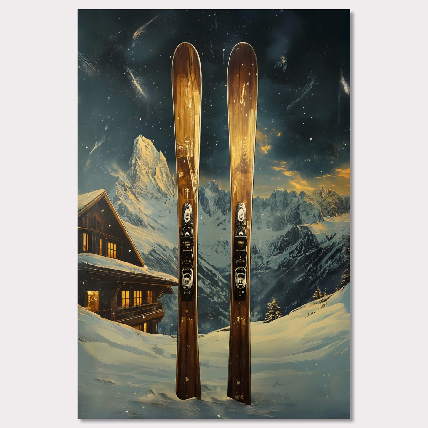 This dynamic poster showcases the exhilaration of a high-speed skiing adventure. Featuring a skier soaring off a powdery jump with a stunning panoramic view of rugged mountain ranges, it encapsulates the spirit of daring exploration and freedom. The vibrant energy of the scene is infectious.