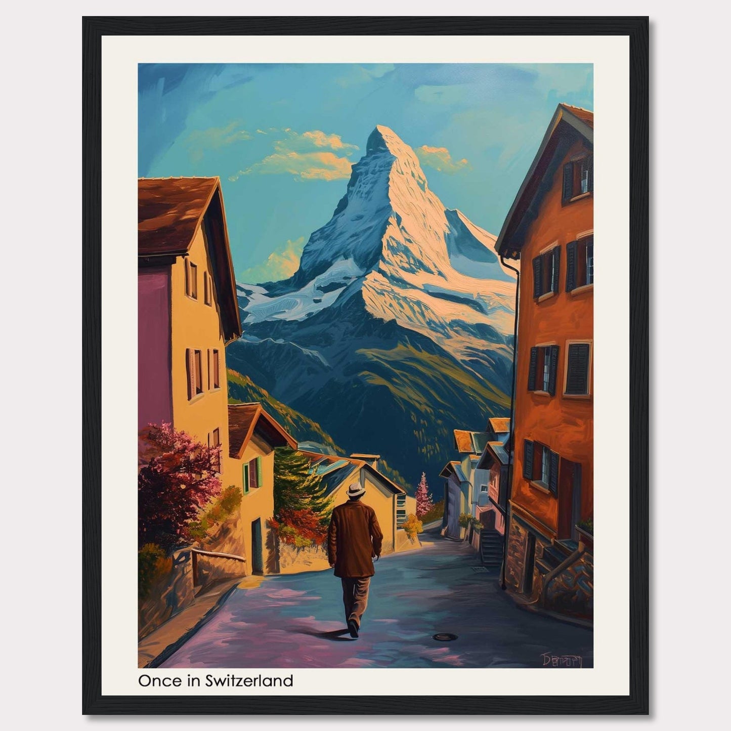 This beautiful painting captures a serene Swiss village with the majestic Matterhorn mountain in the background. The scene features charming houses, a lone figure walking down the street, vibrant foliage, and a clear blue sky.