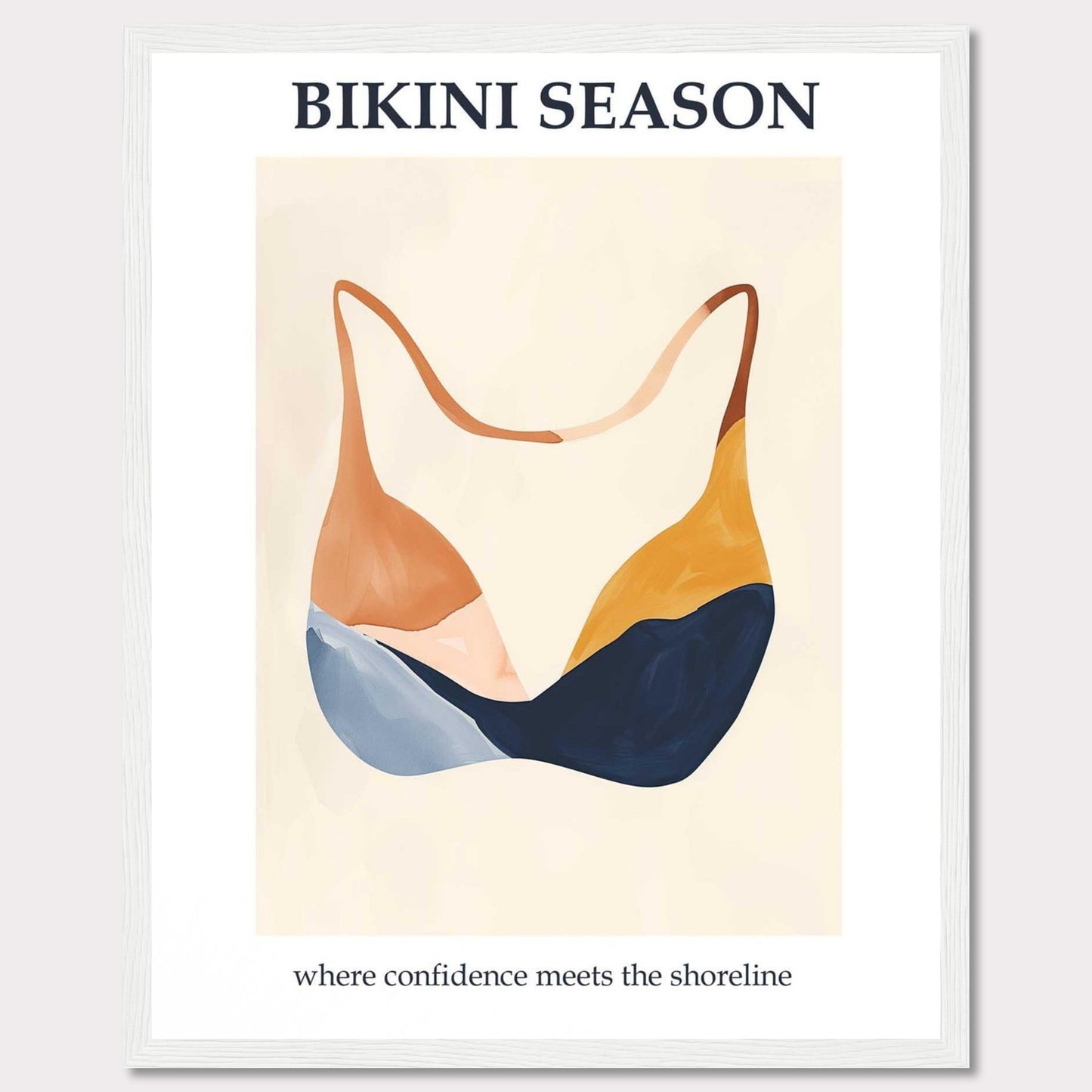 This image showcases a minimalist poster with an artistic depiction of a bikini top. The text "BIKINI SEASON" is prominently displayed at the top, while the phrase "where confidence meets the shoreline" is written at the bottom.