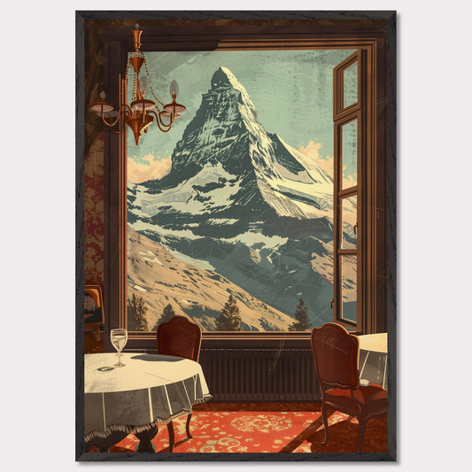 Witness the breathtaking view of a majestic snow-capped mountain through an elegantly framed window. This serene setting features a cozy dining area with classic furniture, a radiant chandelier, and a beautifully patterned carpet.