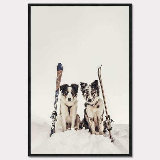 This charming photo captures two adorable dogs sitting in the snow with skis beside them, evoking a sense of adventure and playfulness. The scene is set against a serene snowy backdrop, highlighting the dogs and their playful expressions.