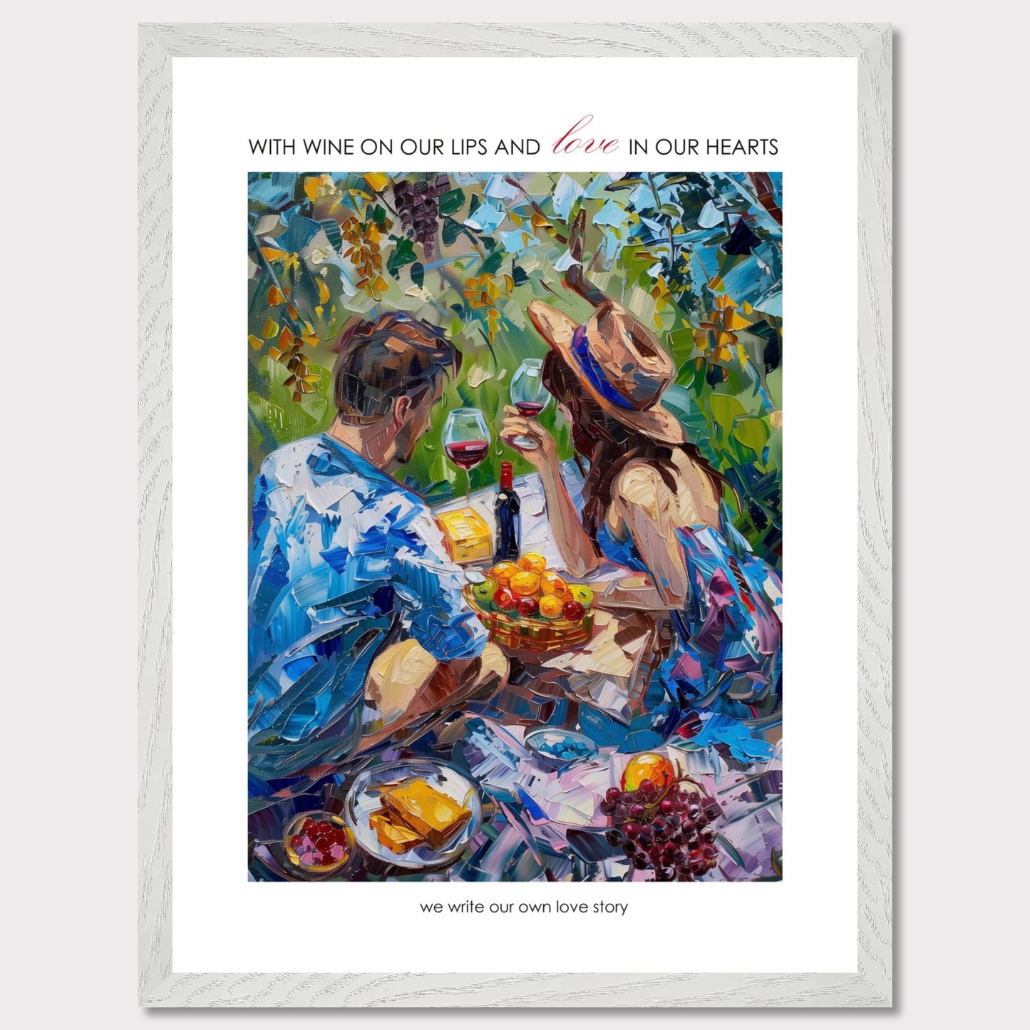 Couple on a summer picnic - Poster with a wooden frame