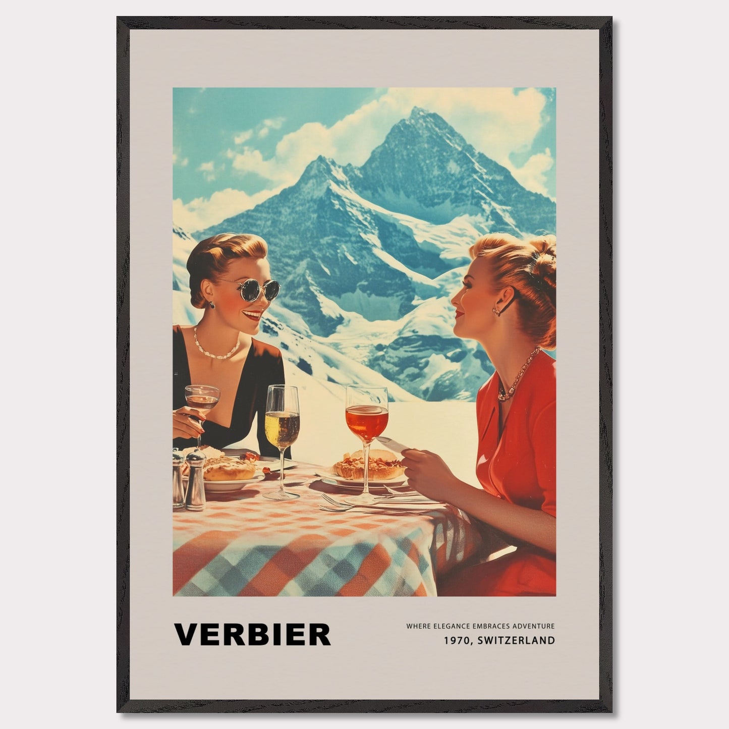 This glamorous poster showcases the refined charm of Verbier, featuring two elegantly dressed women enjoying an alfresco meal with breathtaking alpine peaks as their backdrop. The scene embodies a perfect blend of sophistication and adventure, inviting viewers to savor the unique allure of this Swiss ski destination.