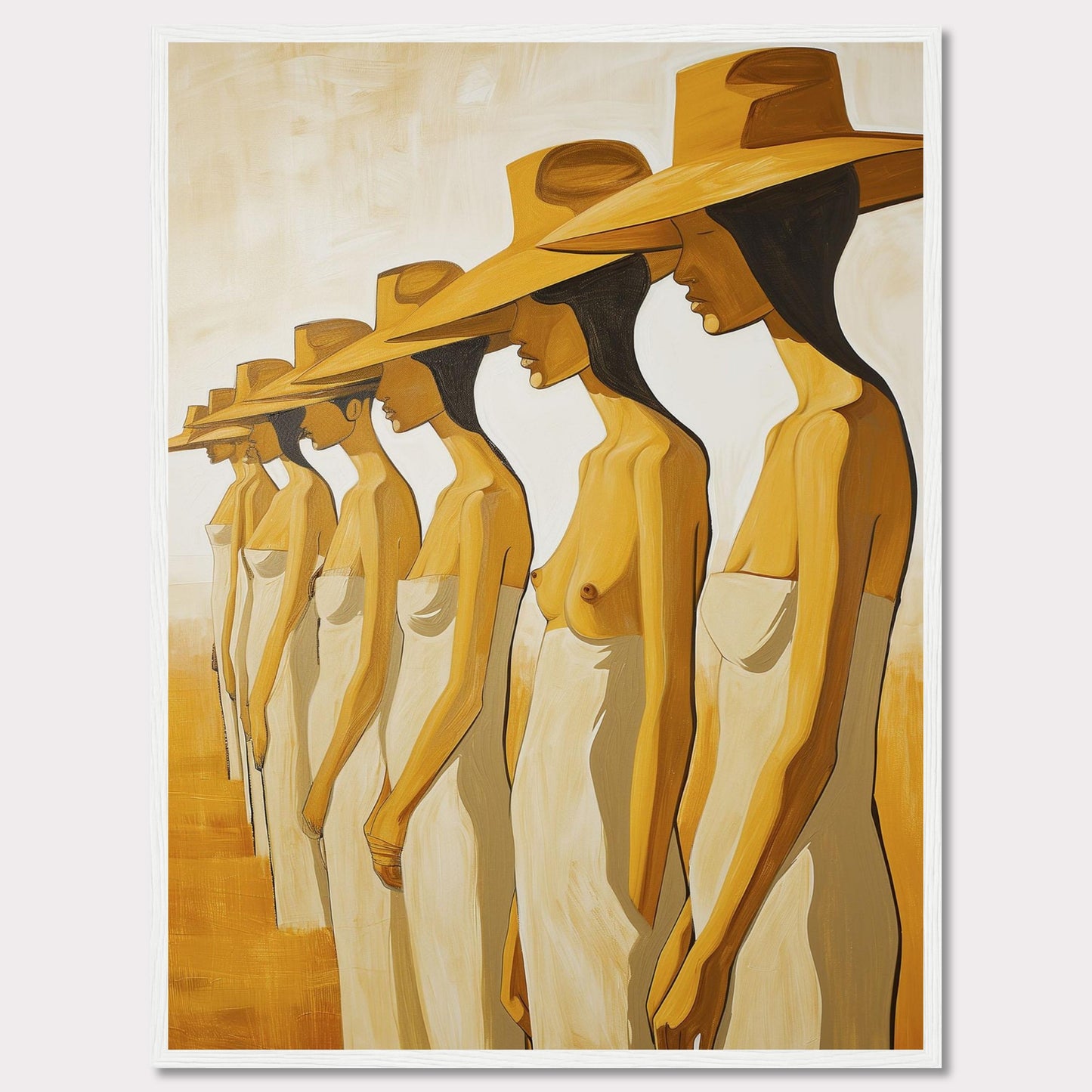 This striking artwork features a row of women standing in profile, each wearing a large hat and draped in a simple cloth. The painting captures a sense of unity and individuality through its minimalist style and warm color palette.