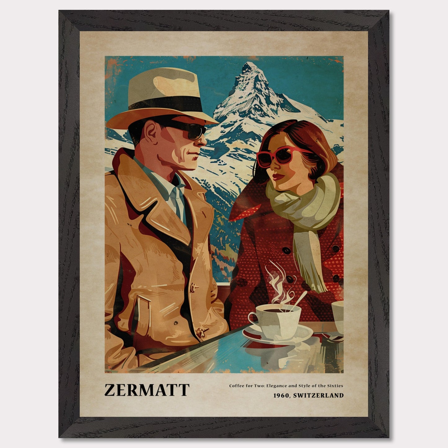 This vintage-style poster depicts a stylish couple enjoying coffee with a snowy mountain backdrop in Zermatt, Switzerland.