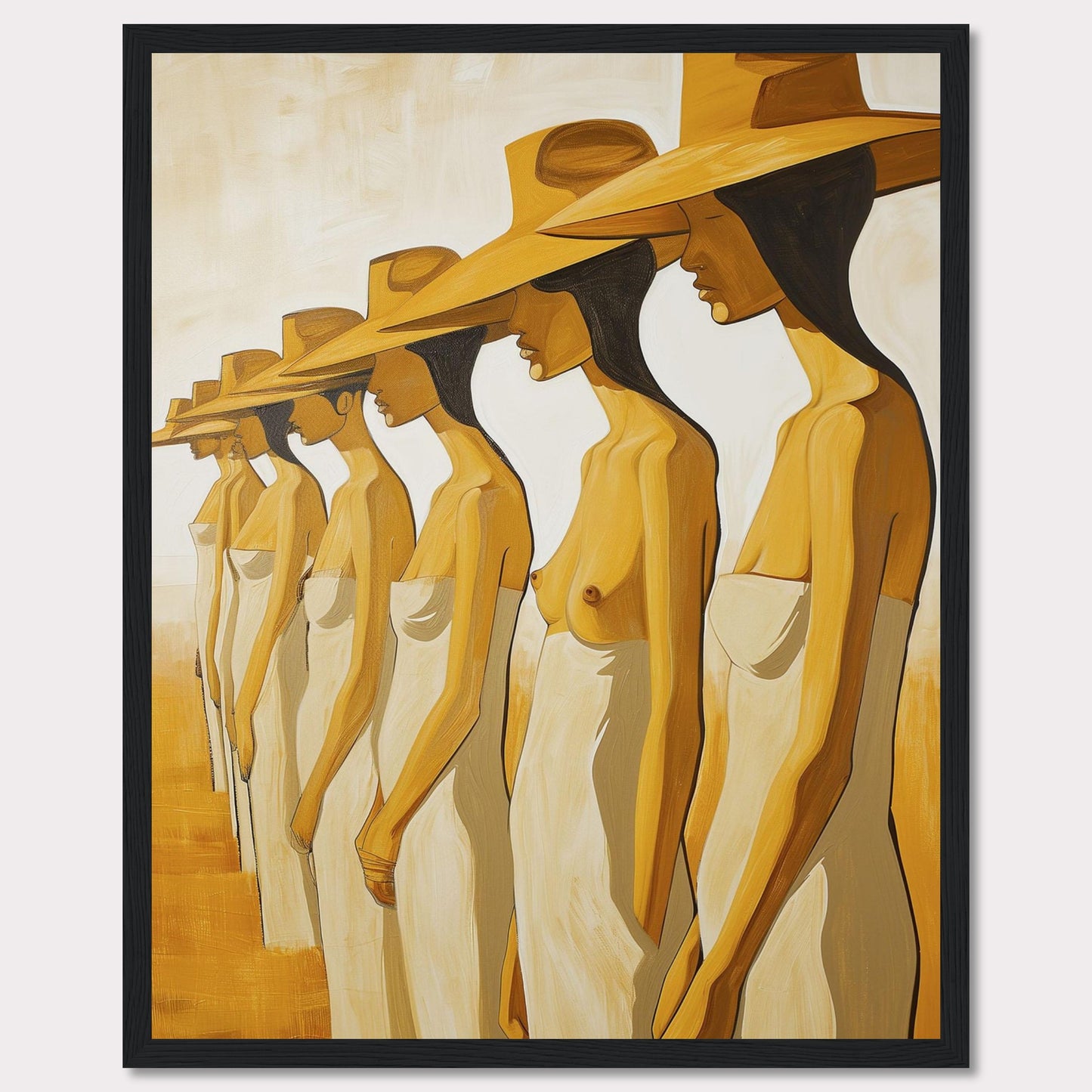 This striking artwork features a row of women standing in profile, each wearing a large hat and draped in a simple cloth. The painting captures a sense of unity and individuality through its minimalist style and warm color palette.