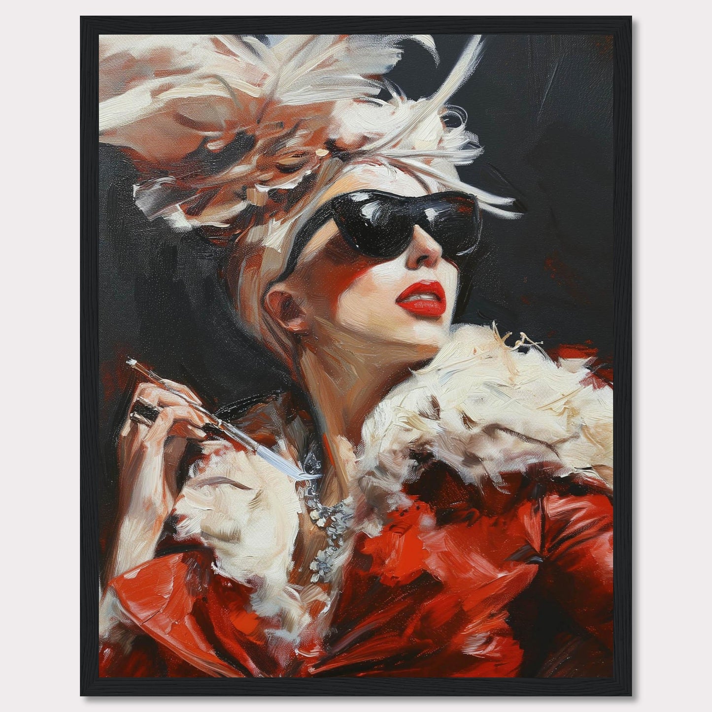 This striking painting captures a glamorous woman exuding confidence and elegance. Adorned in a luxurious red fur coat, she wears dark sunglasses and a dramatic feathered hat, holding a cigarette holder with poise. The bold brushstrokes and vibrant colors add to the dynamic and sophisticated feel of the artwork.