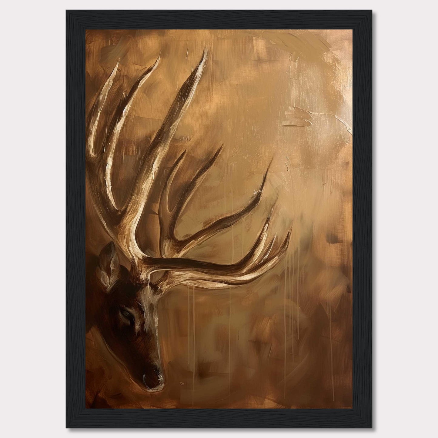 This captivating painting features a majestic deer with prominent antlers, set against a warm, earthy background. The artwork exudes a sense of tranquility and natural beauty, making it a perfect addition to any nature lover's collection.