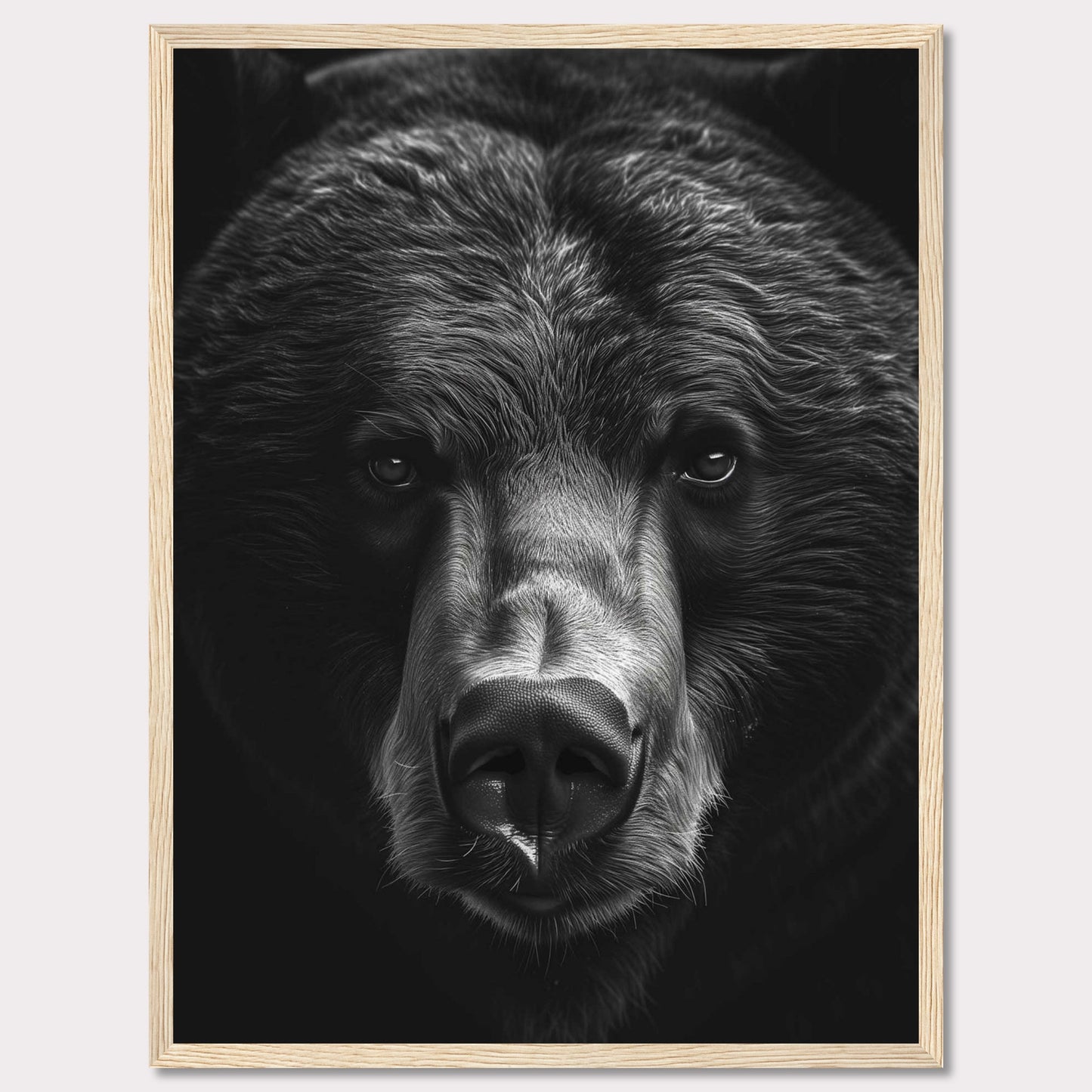 This striking black and white photograph captures the intense gaze of a bear, emphasizing its powerful presence and majestic features. The close-up shot highlights the intricate details of the bear's fur and facial structure, creating a captivating and dramatic effect.