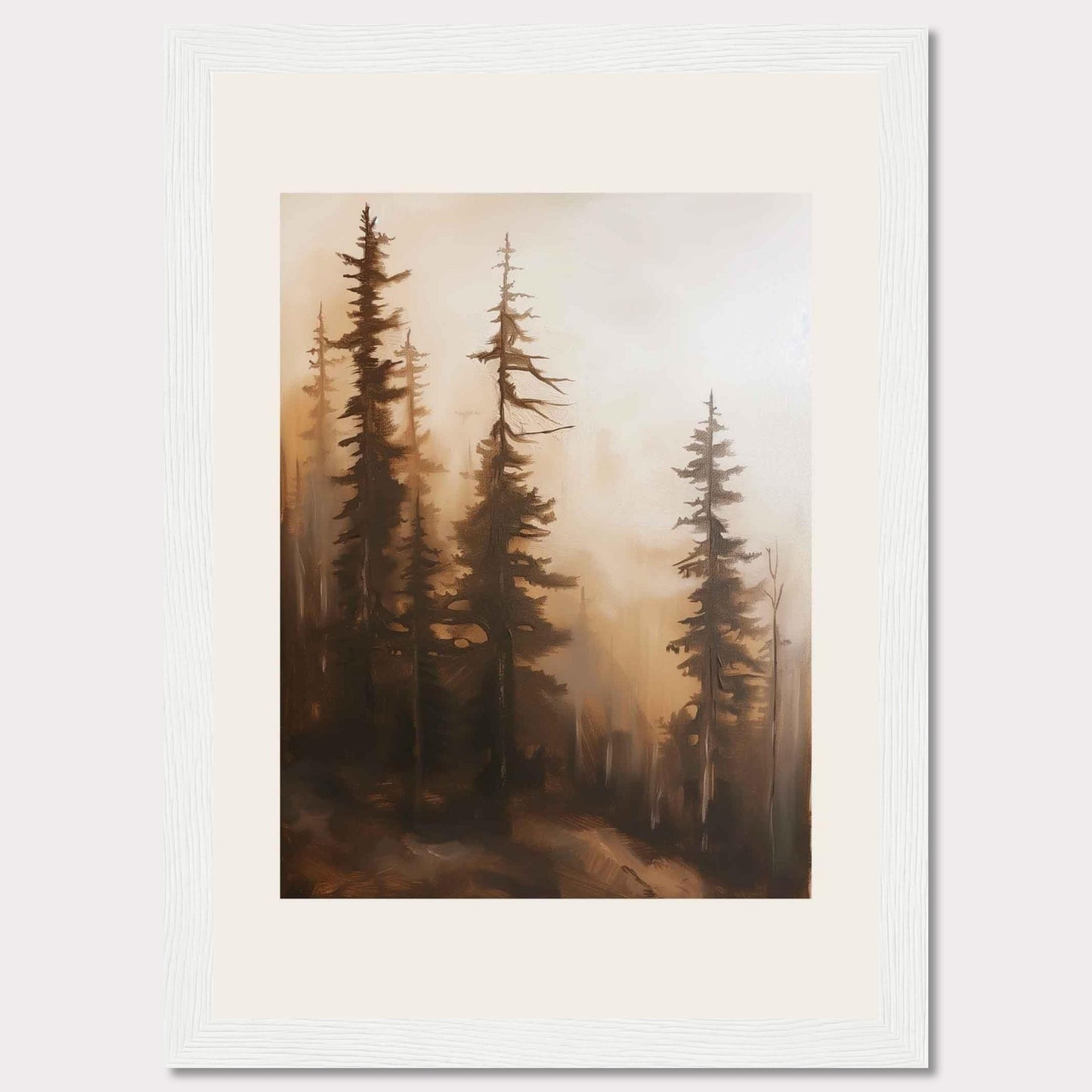 This captivating artwork features a serene forest scene enveloped in mist, evoking a sense of tranquility and mystery. The tall, slender trees stand majestically, their branches reaching out into the foggy atmosphere. The soft, warm hues create a calming ambiance, making it a perfect addition to any living space.