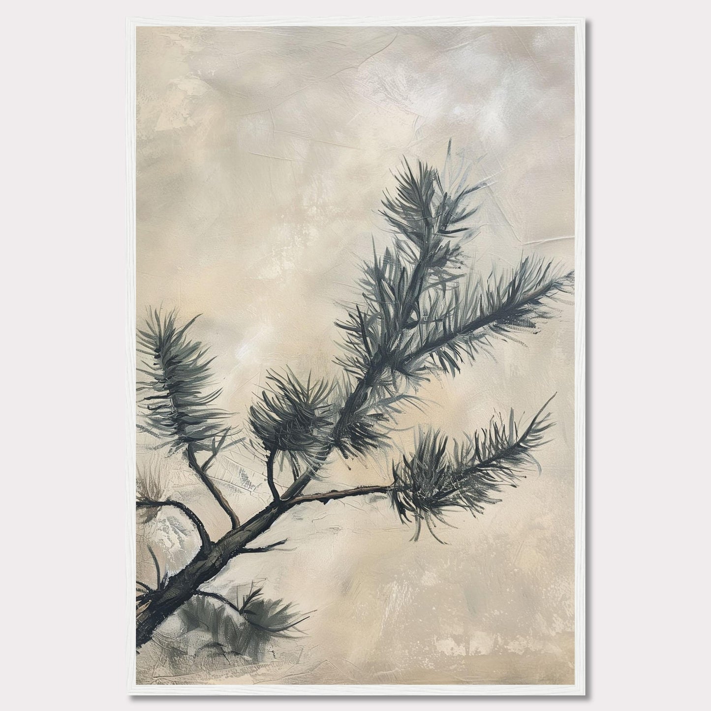 This elegant artwork features a delicate pine branch set against a soft, muted background. The painting captures the serene beauty of nature with its minimalist design and subtle color palette.