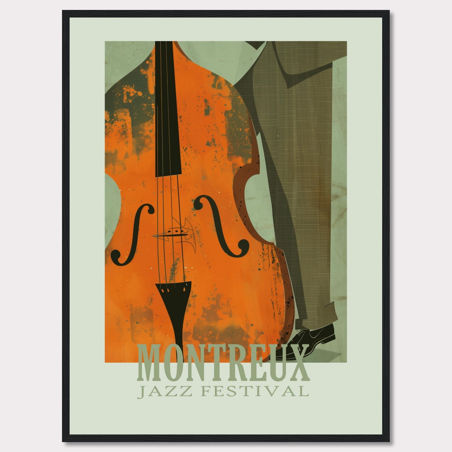 This image is a poster for the Montreux Jazz Festival. It features an abstract illustration of a double bass and a person in a suit.