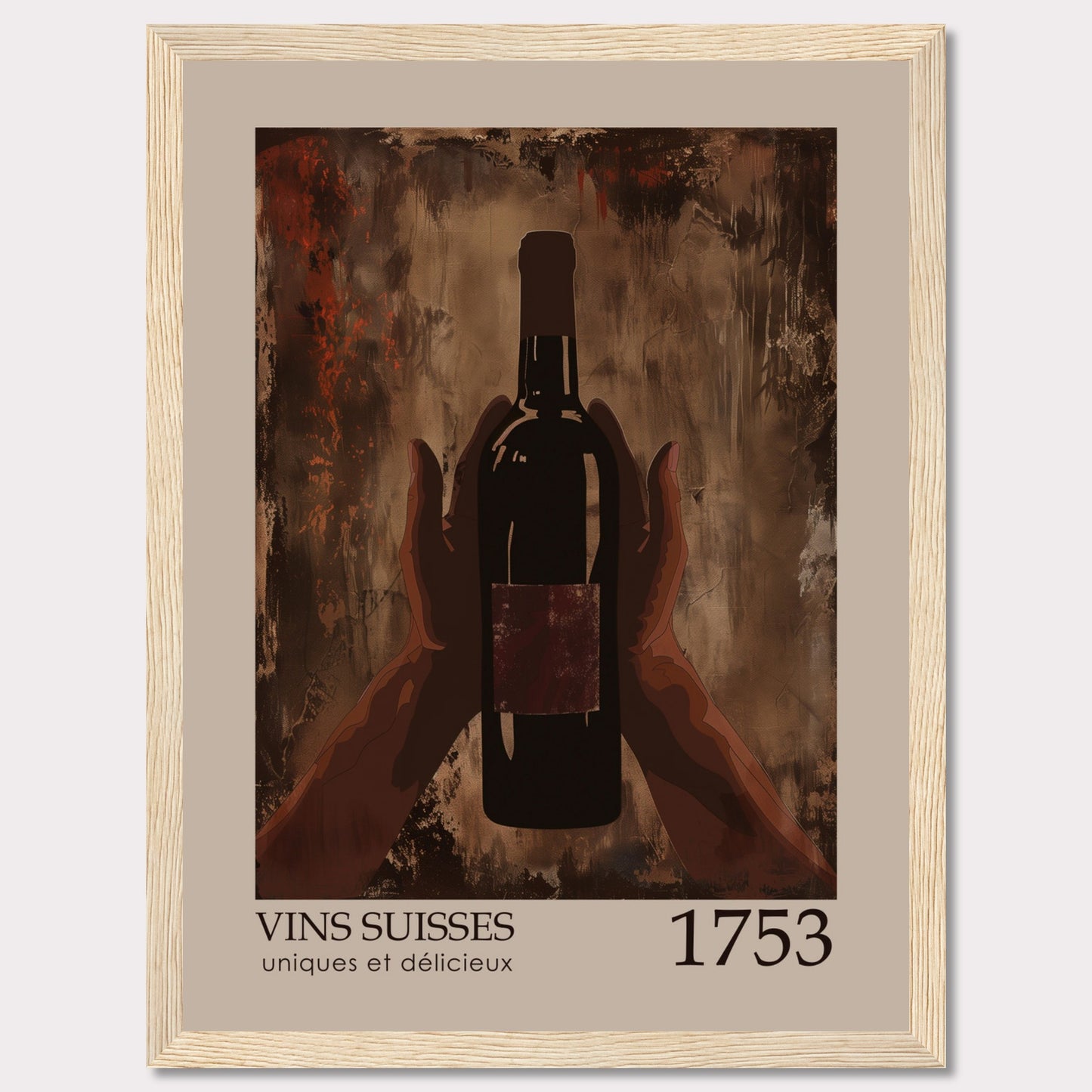 This image showcases a framed poster featuring a bottle of wine held by two hands against an abstract, textured background.