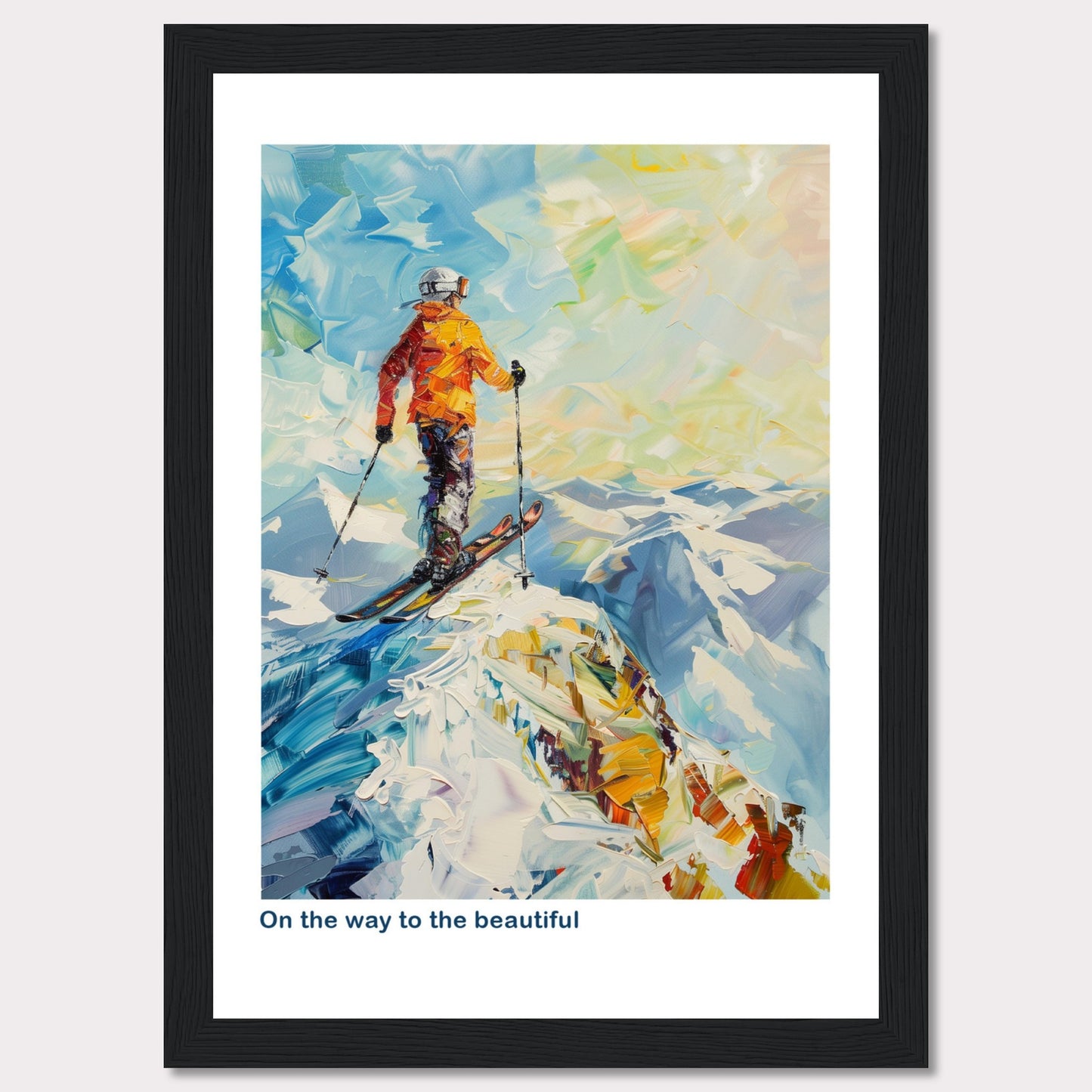 This vibrant painting captures a skier standing at the peak of a snowy mountain, ready to descend. The skier is dressed in an orange jacket and helmet, holding ski poles. The background features a stunning array of colors depicting the sky and distant mountains.