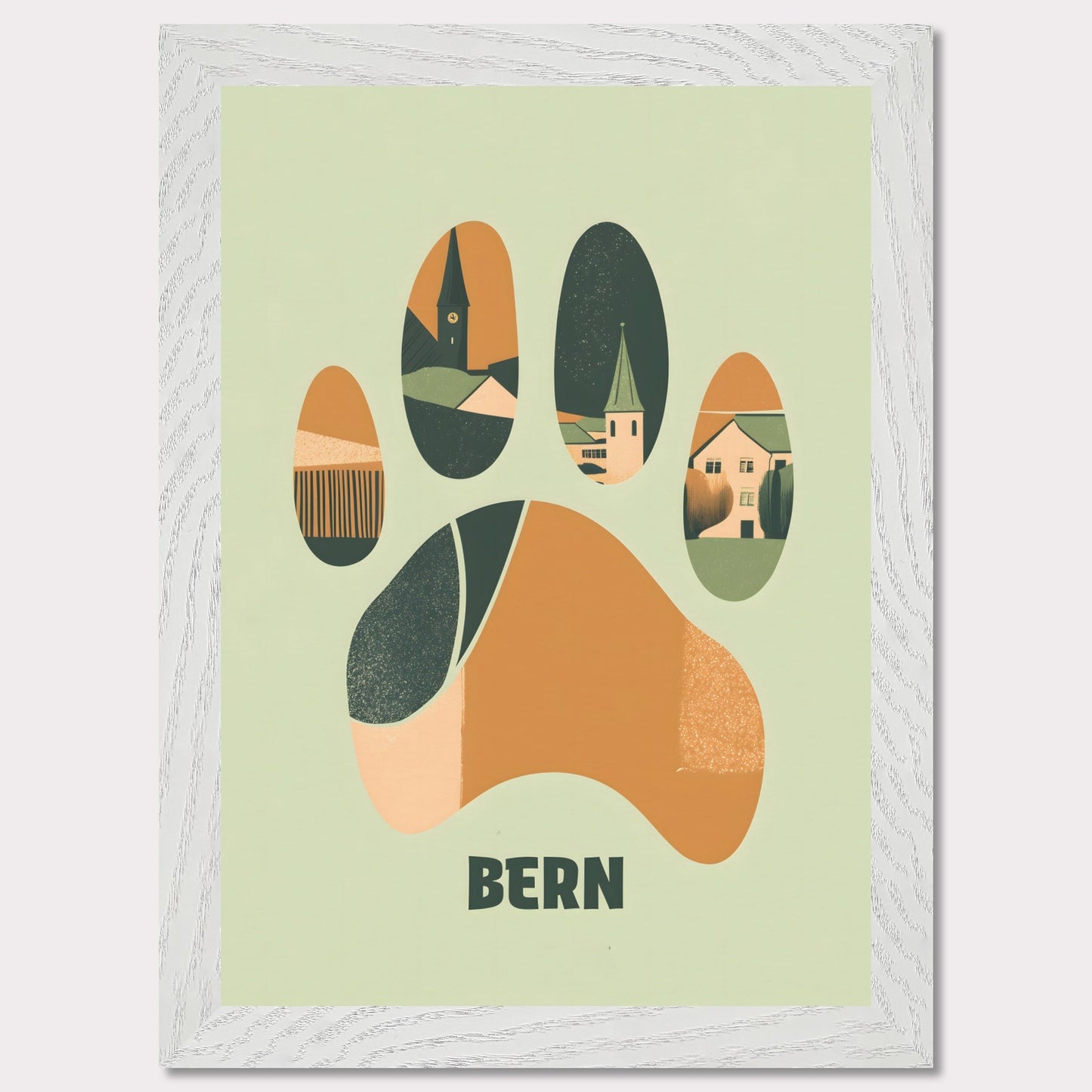 This unique poster blends the charm of Bern’s architecture with the city’s symbolic bear in an abstract, paw-print design. The warm earth tones and clean lines create a harmonious balance between modern minimalism and historical elements.