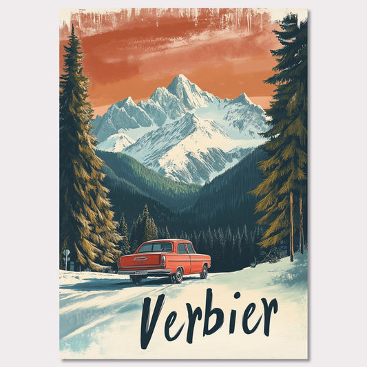 This striking retro-style poster depicts a vintage car driving through a snowy mountain landscape in Verbier. The red car stands out against the backdrop of majestic, snow-covered peaks and towering trees, with the warm orange hues of the sky adding to the nostalgic vibe. The vintage typography and artistic style evoke the allure of road trips through the Swiss Alps, offering a sense of freedom and adventure in a winter wonderland.