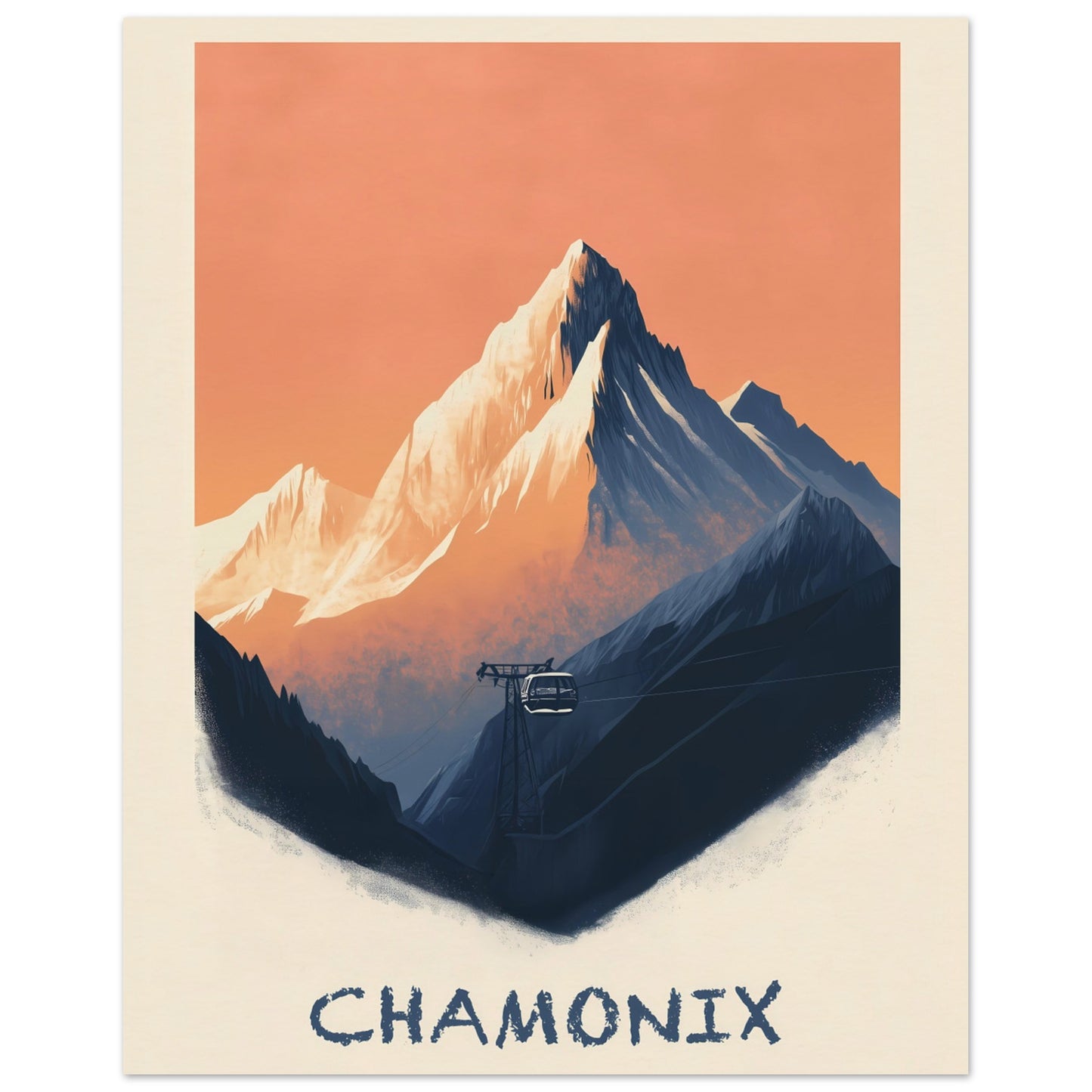 This breathtaking poster captures the rugged majesty of Chamonix, with the towering snow-capped peaks set against a warm, pastel sky. A cable car ascends through the mist, symbolizing adventure, exploration, and the timeless allure of the Alps.