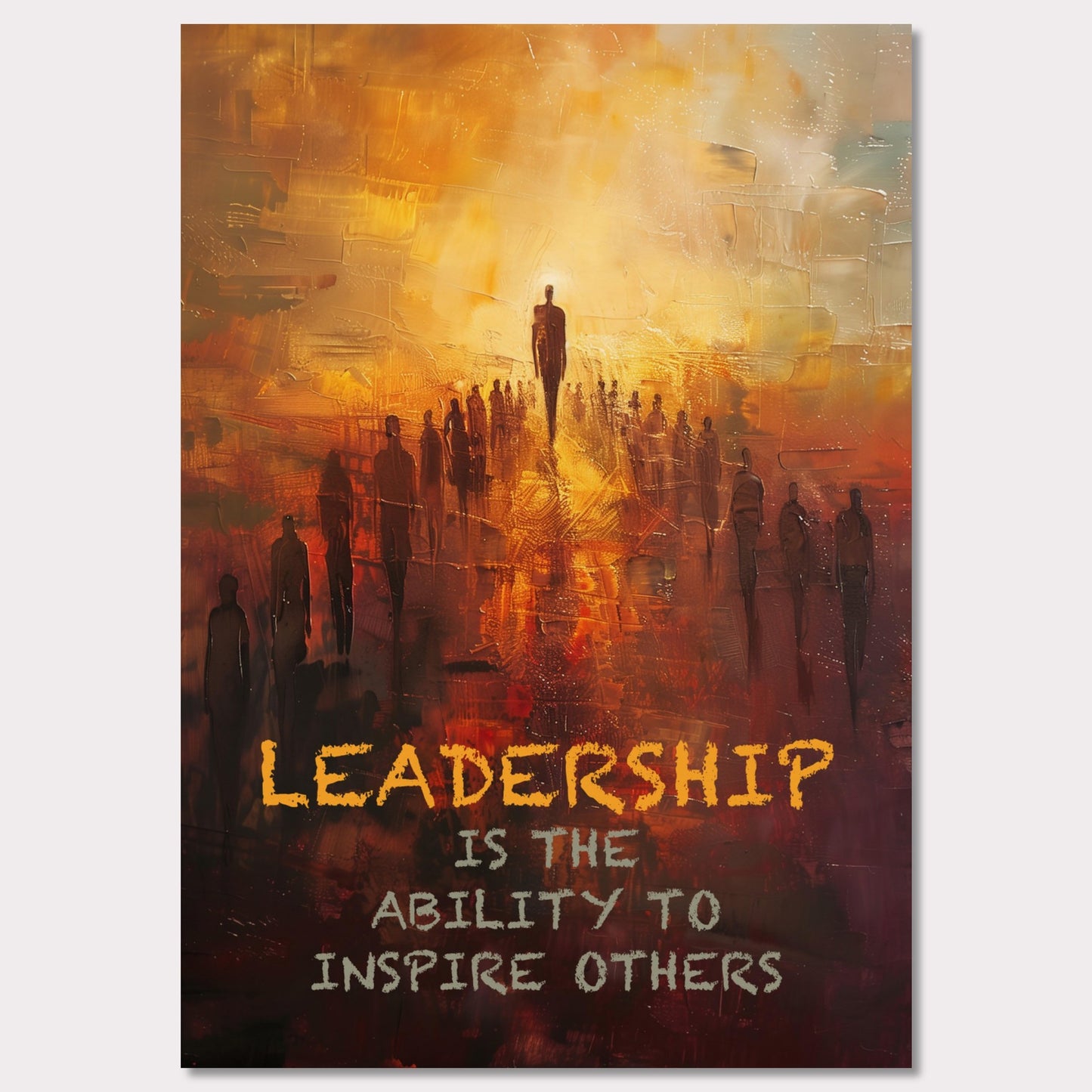 This image depicts a motivational poster with an abstract painting of a group of people following a prominent figure, symbolizing leadership. The background is a blend of warm colors like orange and yellow, creating a sense of inspiration and energy.