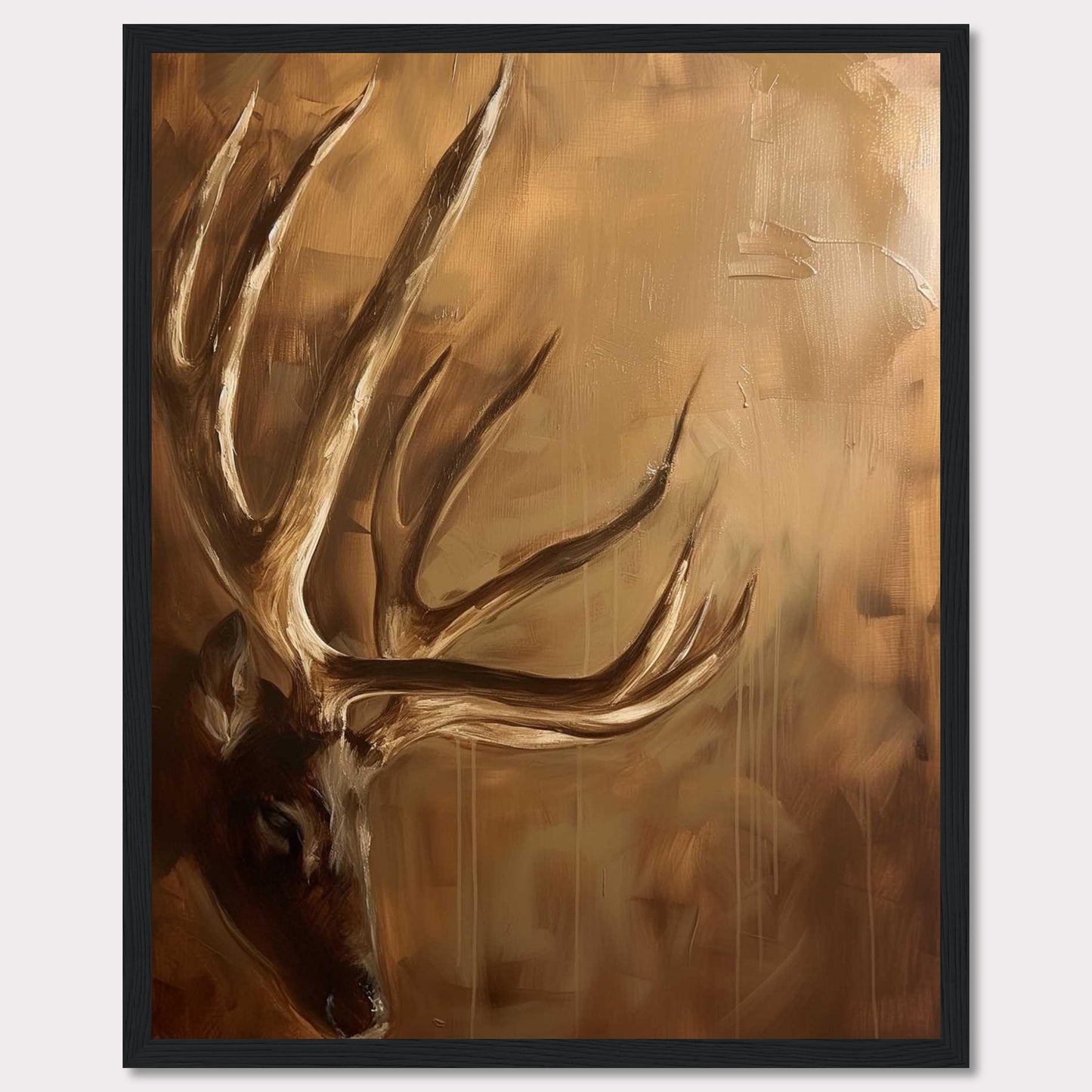 This captivating painting features a majestic deer with prominent antlers, set against a warm, earthy background. The artwork exudes a sense of tranquility and natural beauty, making it a perfect addition to any nature lover's collection.