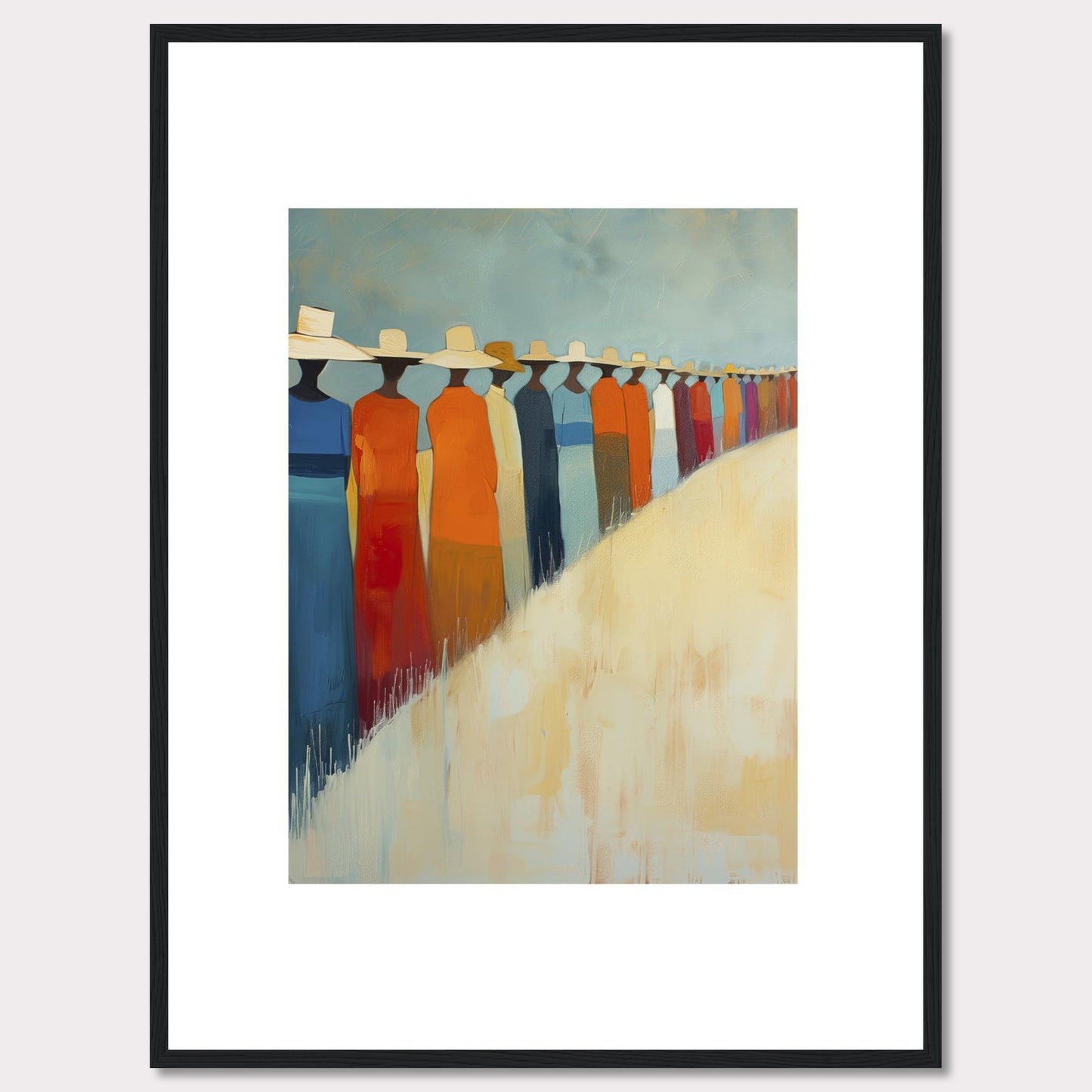 This artwork features a line of abstract figures wearing wide-brimmed hats, standing against a serene backdrop. The figures are dressed in vibrant colors, predominantly orange, blue, and white. The painting exudes a sense of unity and calmness.