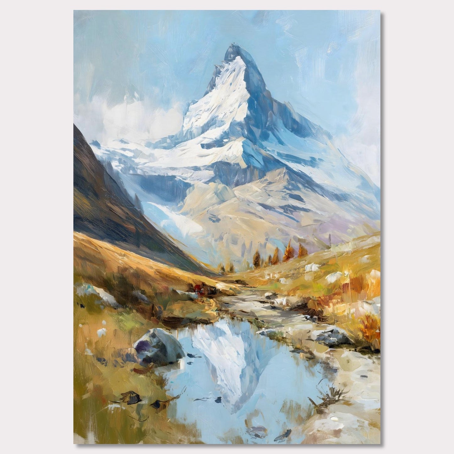 A tranquil alpine stream mirrors the iconic Matterhorn, creating a dreamlike symmetry between earth and sky. The soft brushstrokes evoke a calm autumn day, where golden meadows meet the glacier’s cool touch. This peaceful yet majestic landscape invites viewers to pause and reflect on nature’s balance.