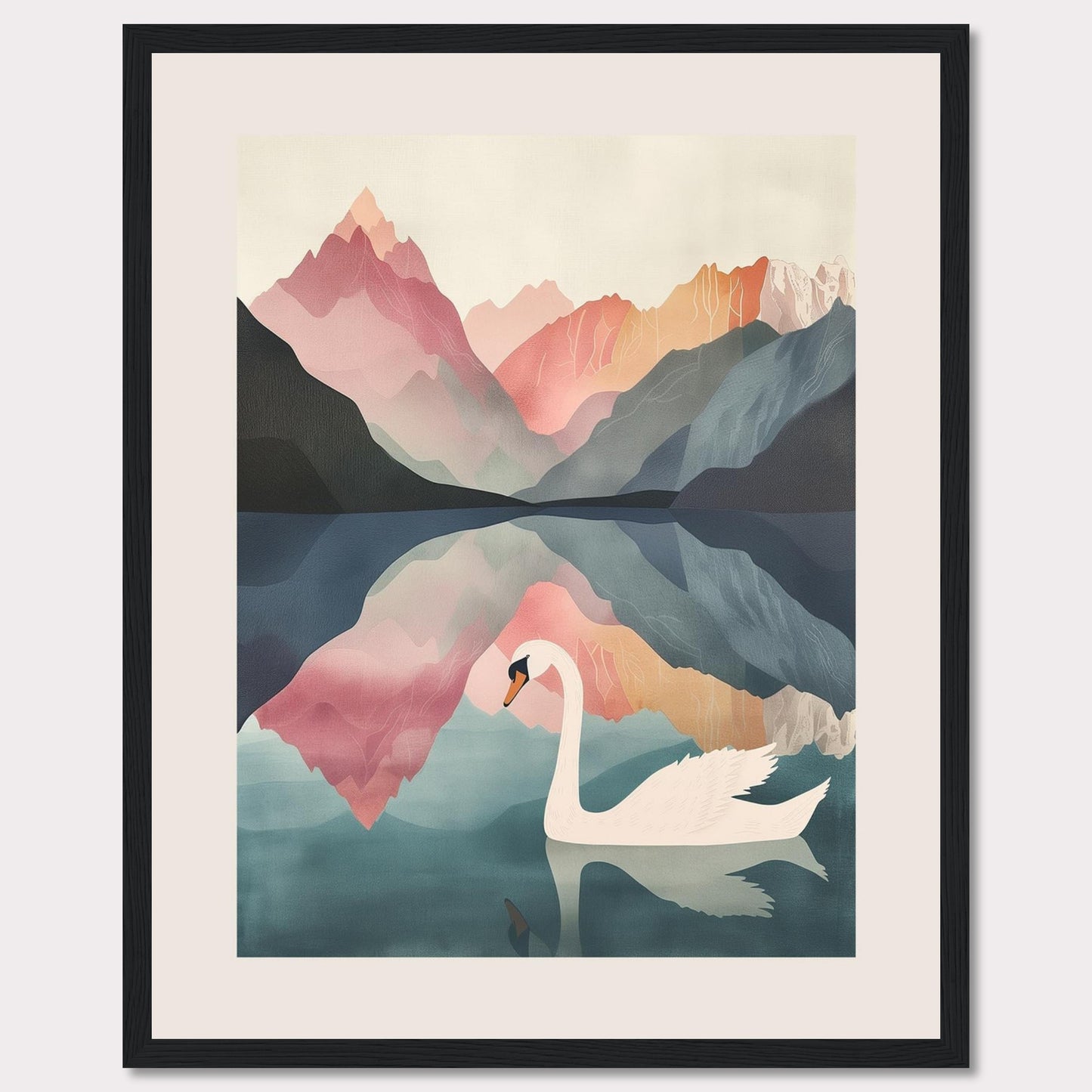 This captivating artwork features a serene swan gliding across a tranquil lake, surrounded by majestic mountains in pastel hues. The reflection of the mountains and the swan in the calm water adds a mesmerizing symmetry to the scene. The soft, muted colors evoke a sense of peace and tranquility.