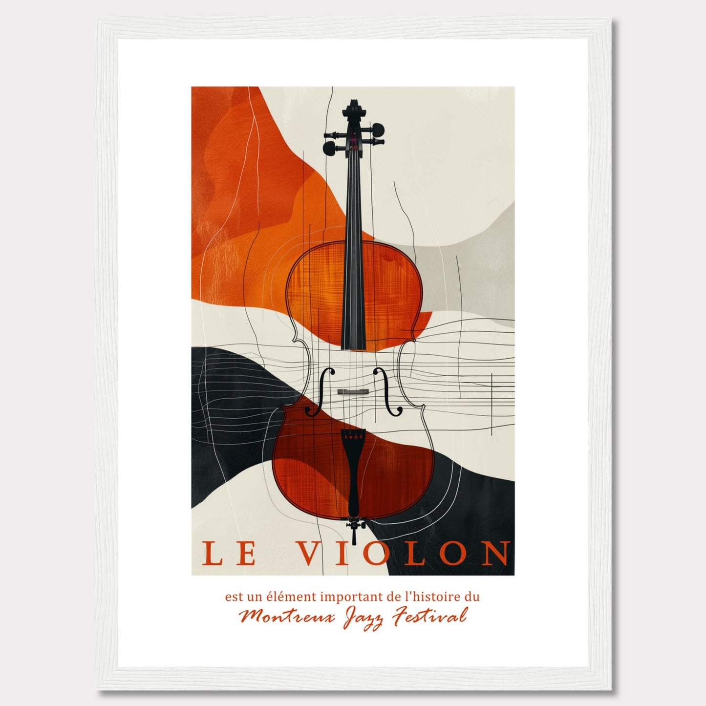 This image features a beautifully designed poster highlighting the importance of the violin in the history of the Montreux Jazz Festival. The central focus is a vibrant, artistic depiction of a violin set against an abstract background of orange, black, and beige shapes.