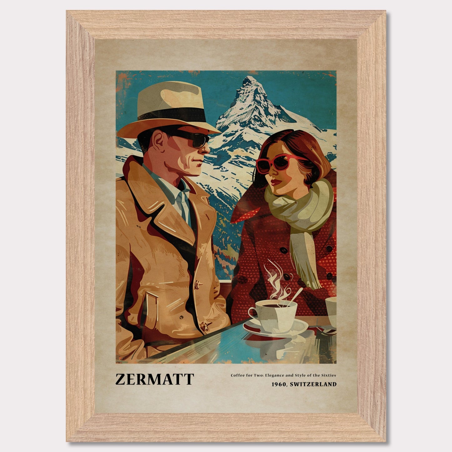 This vintage-style poster depicts a stylish couple enjoying coffee with a snowy mountain backdrop in Zermatt, Switzerland.