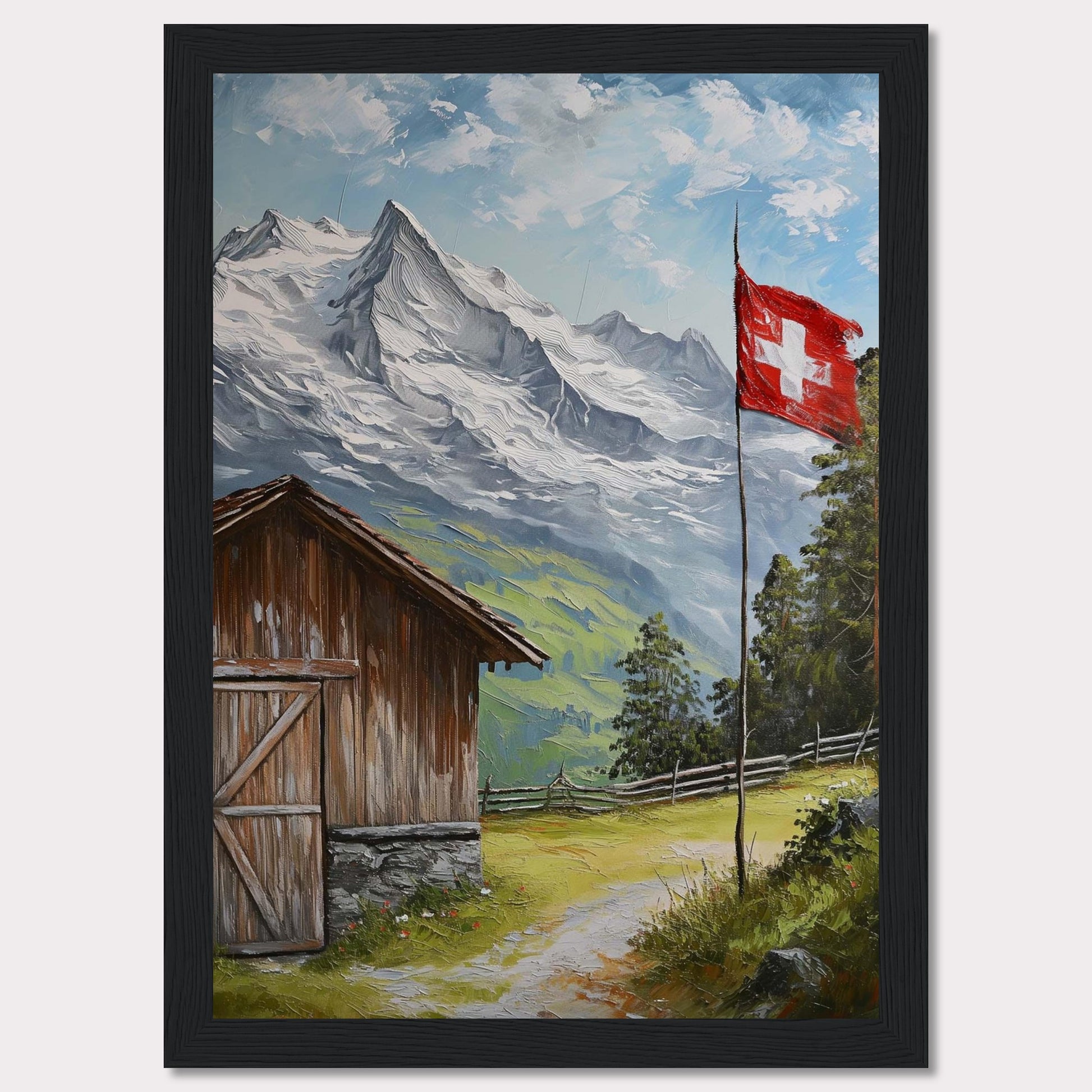 This image depicts a serene mountain scene with a rustic wooden cabin, a Swiss flag fluttering in the breeze, and majestic snow-capped peaks in the background. The lush greenery and clear blue sky add to the tranquil atmosphere.