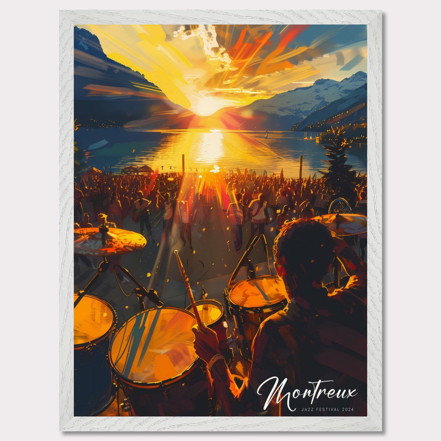 This vibrant image captures the essence of the Montreux Jazz Festival 2024. The scene is set at sunset, with a stunning view of the sun dipping below the horizon over a serene lake, surrounded by majestic mountains. A large crowd is gathered, immersed in the music, while a drummer plays energetically in the foreground.