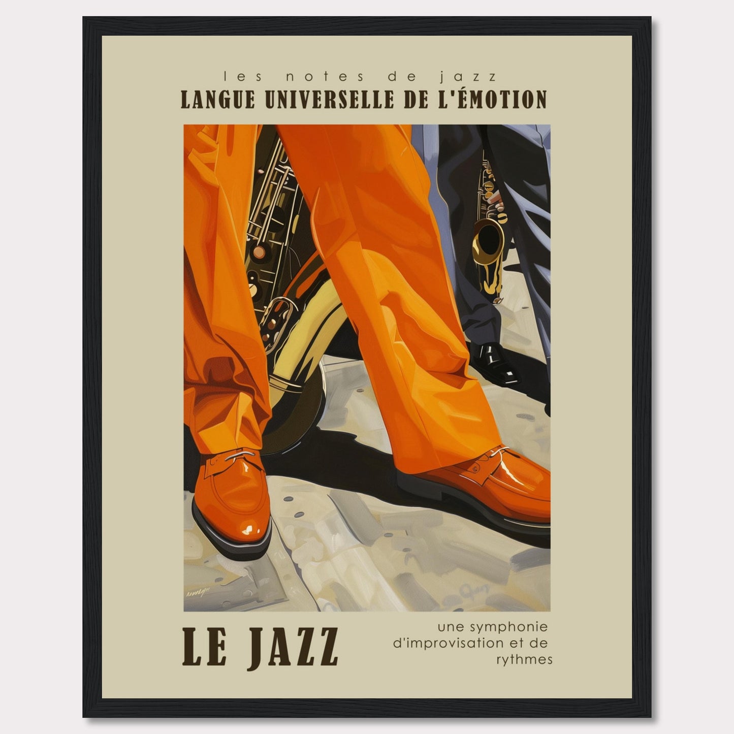 This vibrant poster captures the essence of jazz with its bold colors and dynamic imagery. The scene focuses on the legs and shoes of musicians, emphasizing their lively movements. Brass instruments peek from behind, hinting at the soulful music being played. The text reads "LANGUE UNIVERSELLE DE L'ÉMOTION" and "LE JAZZ," highlighting jazz as a universal language of emotion. The tagline, "une symphonie d'improvisation et de rythmes," describes jazz as a symphony of improvisation and rhythms.