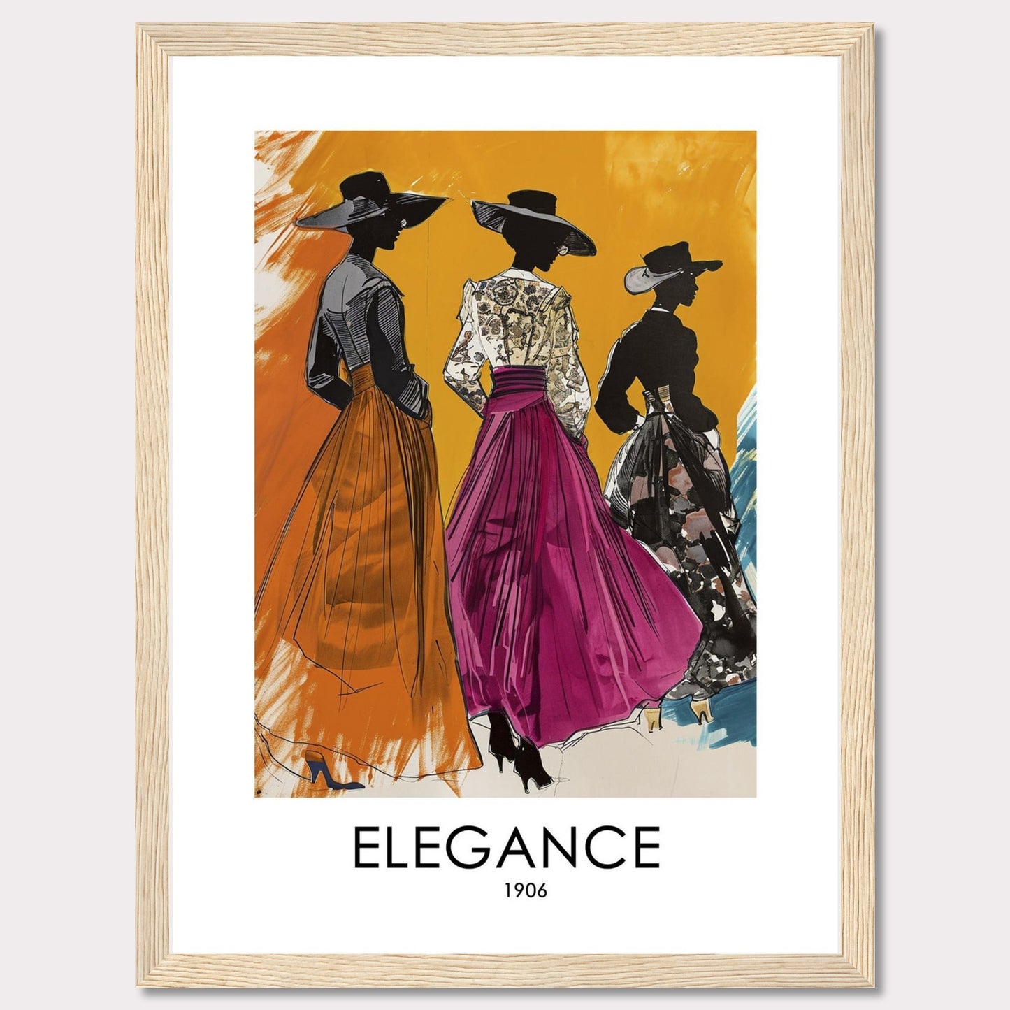 Three stylish women in elegant dresses and wide-brimmed hats stand gracefully against a vibrant orange background. The artwork exudes sophistication and timeless fashion from the early 1900s.