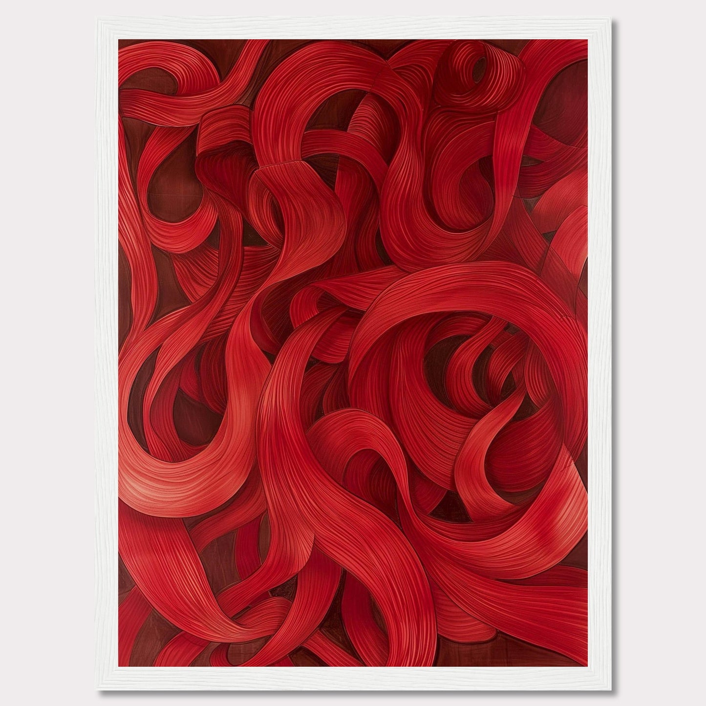 This captivating artwork features a mesmerizing array of red swirls and curves, creating a dynamic and flowing visual experience. The intricate details and rich hues draw the viewer in, evoking a sense of movement and passion.