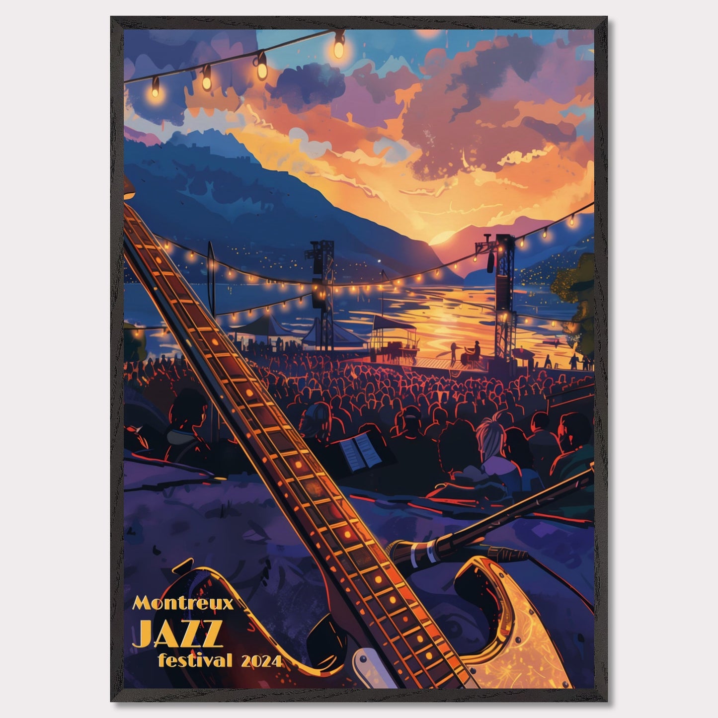 This vibrant poster captures the essence of the Montreux Jazz Festival 2024. Set against a breathtaking sunset over a serene lake, the scene is filled with an audience eagerly awaiting the performance. An electric guitar in the foreground hints at the musical magic to come, while string lights add a festive ambiance.