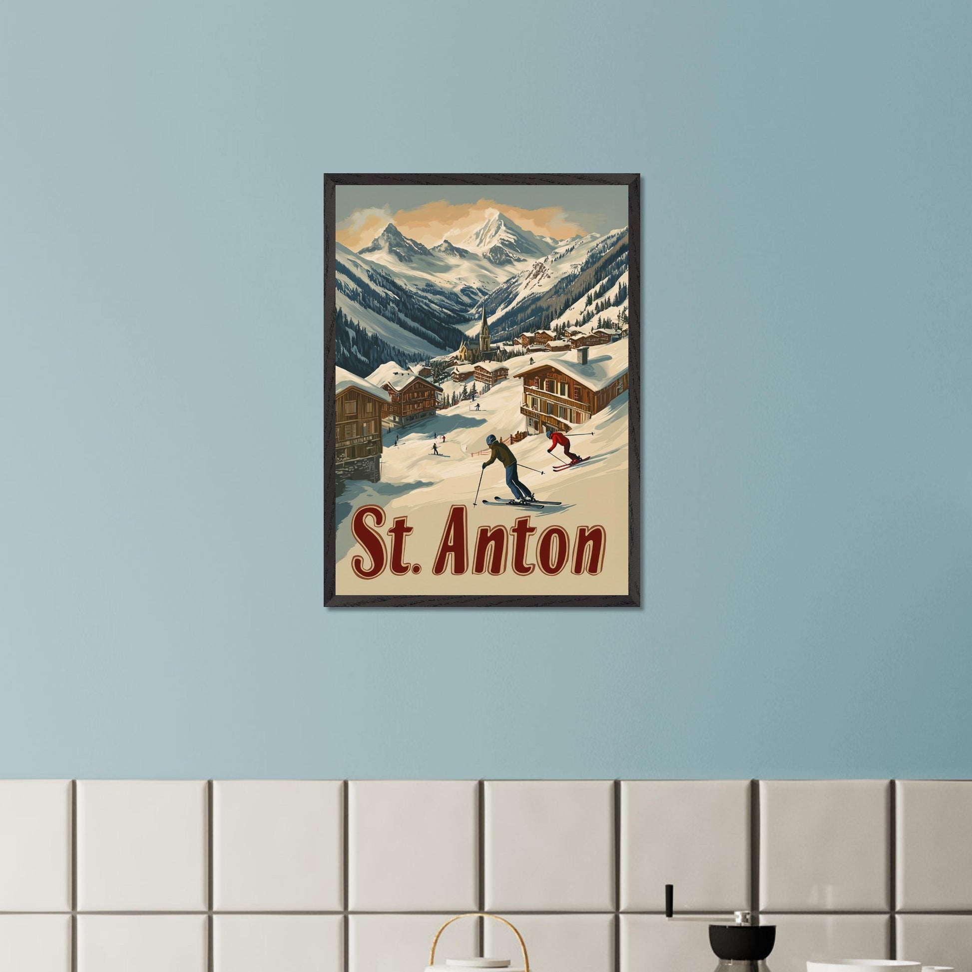 This captivating poster showcases the thrill of skiing in St. Anton, with a group of skiers carving through the fresh powder beneath the dramatic peaks of the Alps. The background features a picturesque village of wooden chalets nestled among the snow, while the rich retro colors and typography emphasize the adventurous spirit of St. Anton as a premier ski destination. The poster evokes both the excitement of the slopes and the warmth of alpine hospitality.