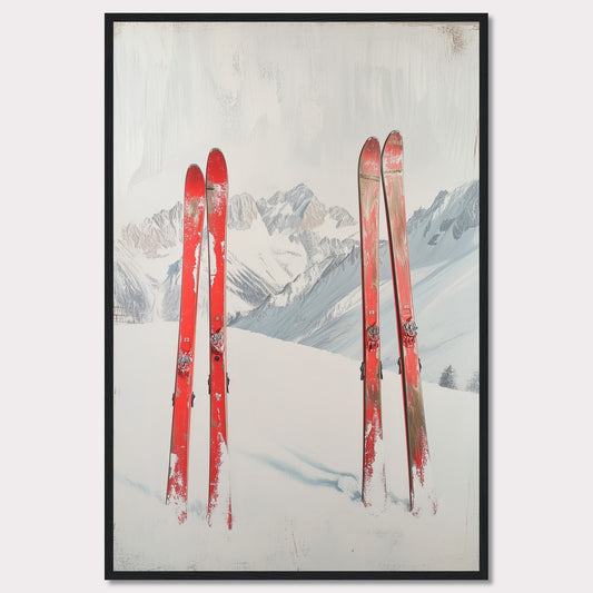 This captivating image showcases a serene winter scene with four red skis planted in the snow against a backdrop of majestic, snow-covered mountains. The skis stand out vibrantly against the white snow and the muted tones of the distant peaks. The overall composition evokes a sense of adventure and the thrill of skiing in the great outdoors.