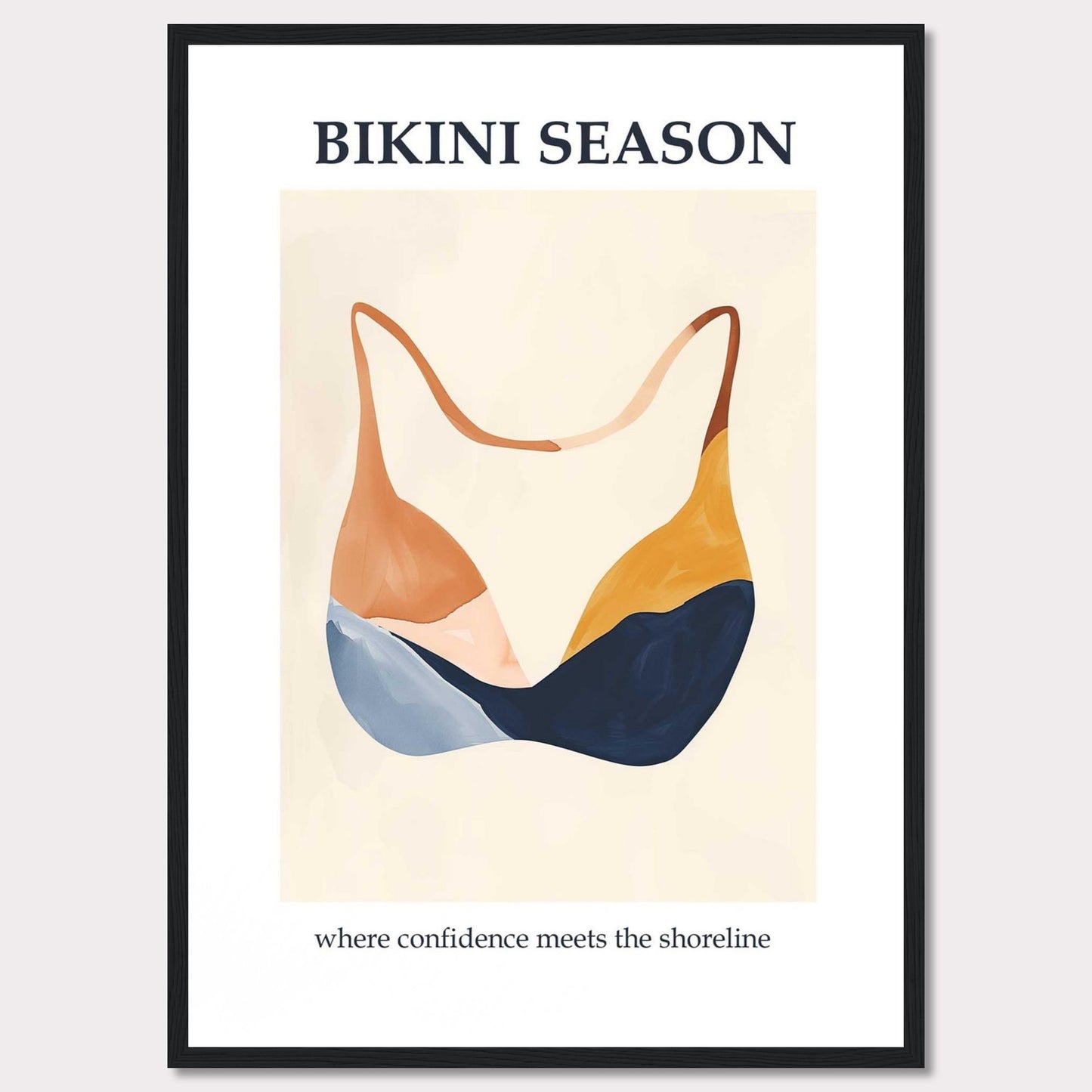 This image showcases a minimalist poster with an artistic depiction of a bikini top. The text "BIKINI SEASON" is prominently displayed at the top, while the phrase "where confidence meets the shoreline" is written at the bottom.