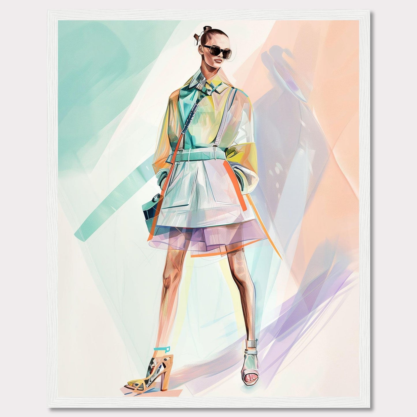 This stunning artwork features a stylish figure in a vibrant, modern outfit. The person is wearing a colorful, translucent coat over a layered skirt, with high-fashion heels and chic sunglasses. The background is an abstract blend of pastel colors, enhancing the fashionable vibe.